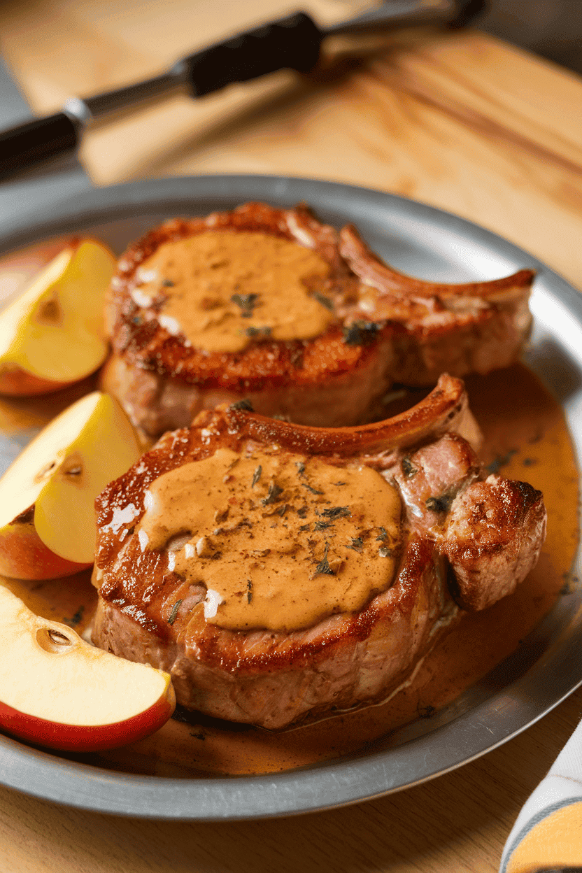 Photo of seared pork chops glazed with maple Dijon sauce on a metal plate indoors, with roasted apple wedges beside them. No branding or text visible.