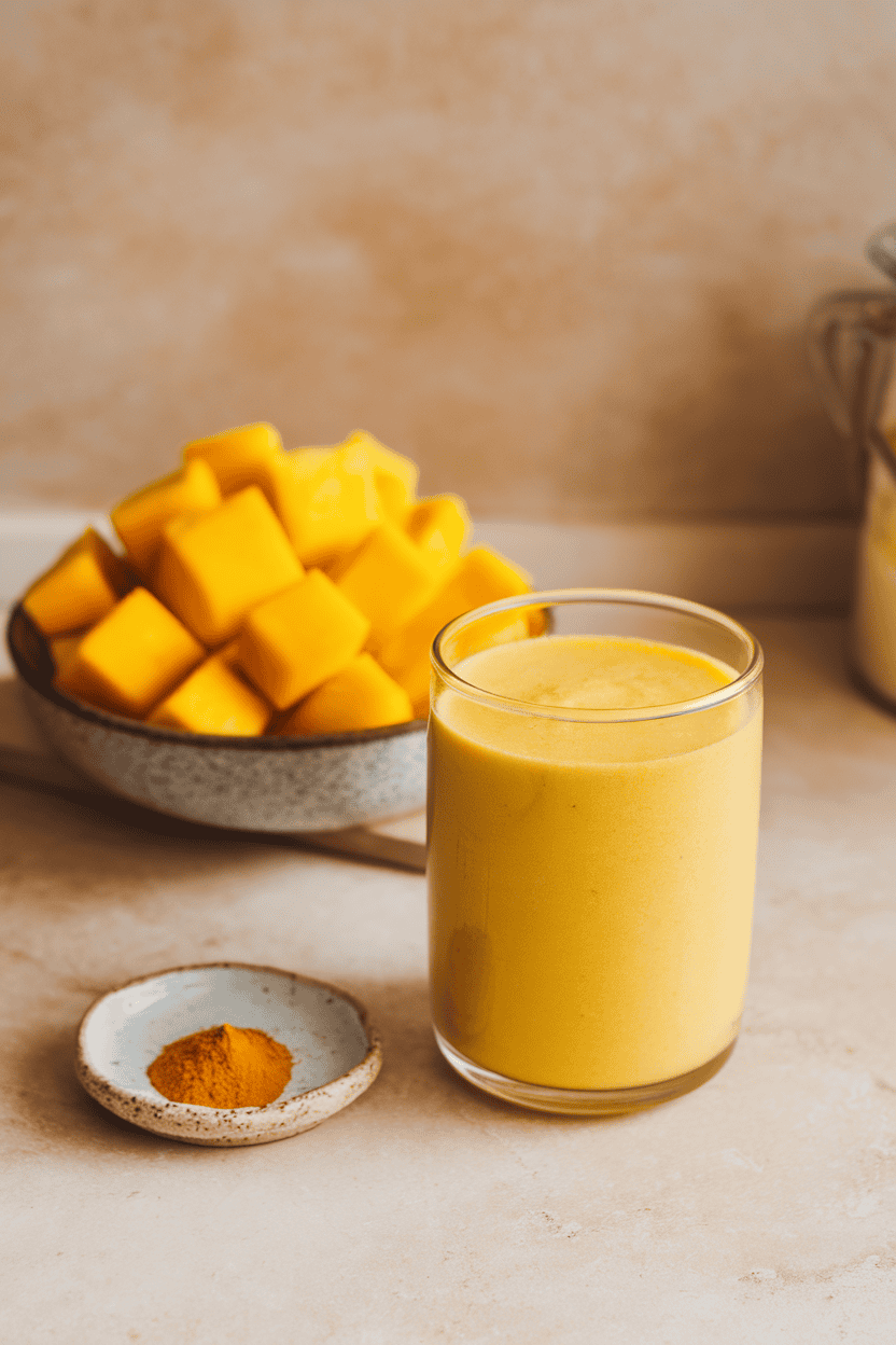 Indoor counter with a golden yellow smoothie in a glass, a pinch of turmeric on a tiny dish and mango cubes beside it. Photo, no text or logos.