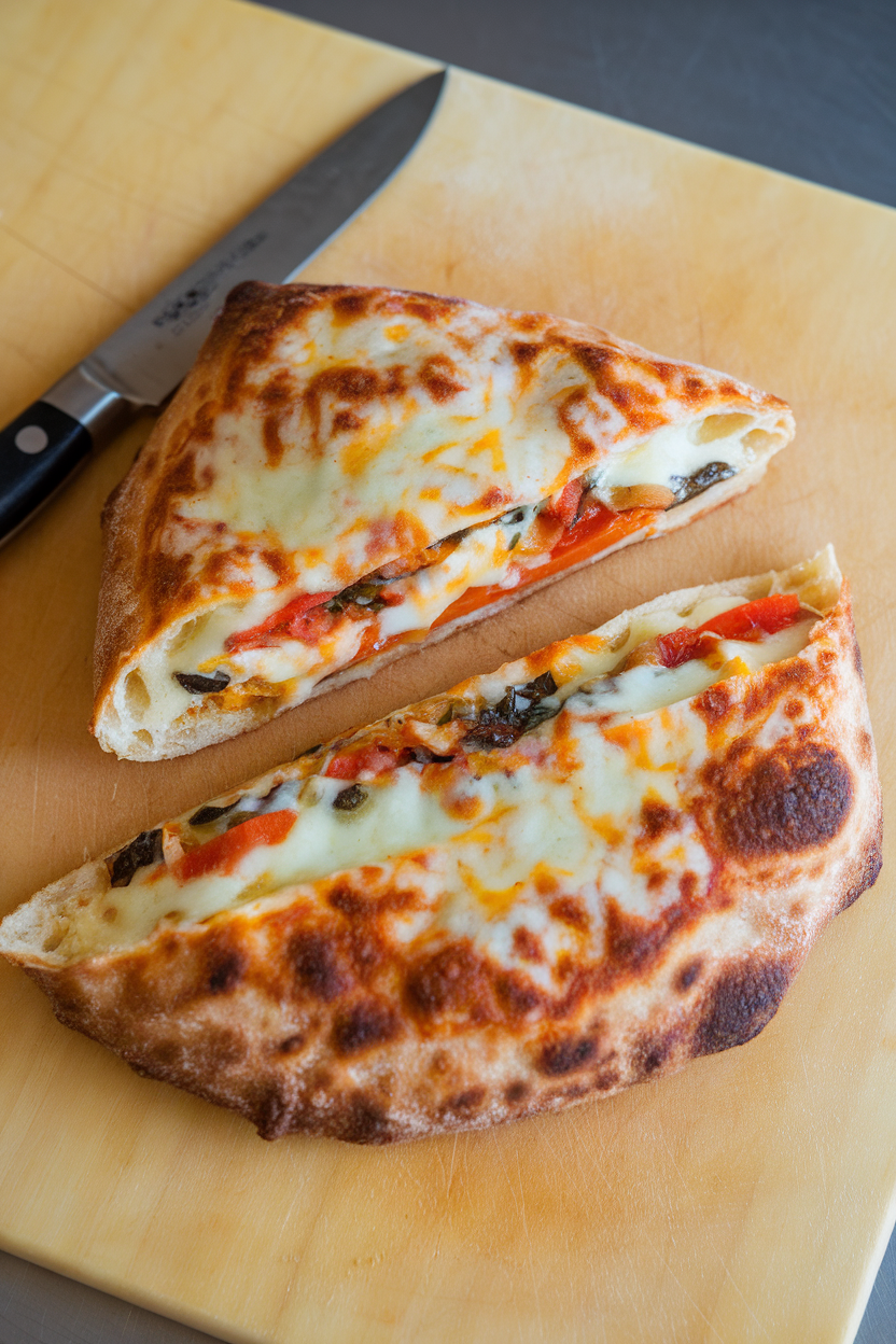 Photo of a sliced open calzone revealing melted cheese and vegetables on an indoor cutting board, no text or logos