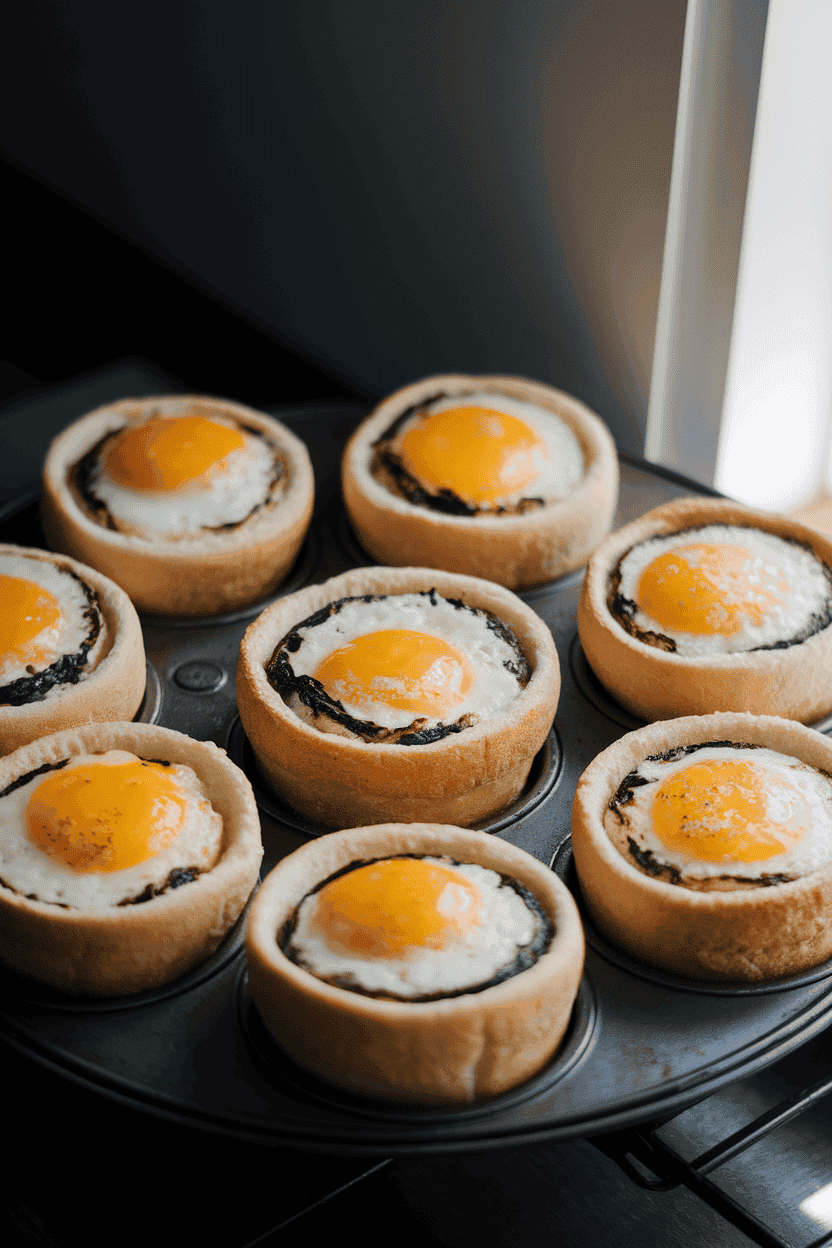 An indoor muffin pan holding hollowed English muffins filled with baked egg and spinach, cheese browning on top; no text or logos, bright oven light. Photo, not illustration.