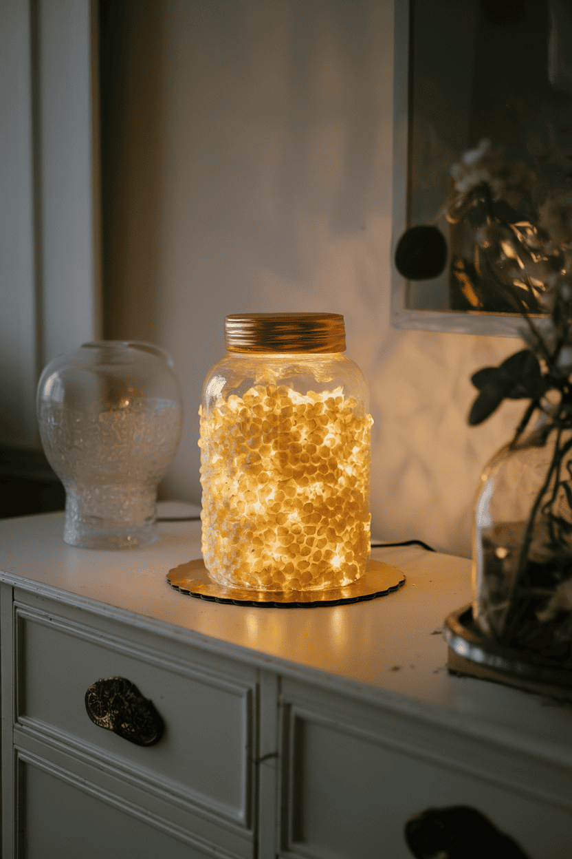 An indoor sideboard with a cylindrical cake decorated to look like a glass jar, tiny yellow sugar pearls inside as “fireflies,” softly illuminated. No text or logos present; photo only.