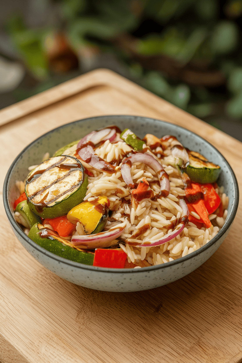 An indoor bowl with cooked orzo mixed with grilled zucchini, bell peppers, and red onion, dressed with balsamic. Photo only, no text or logos.