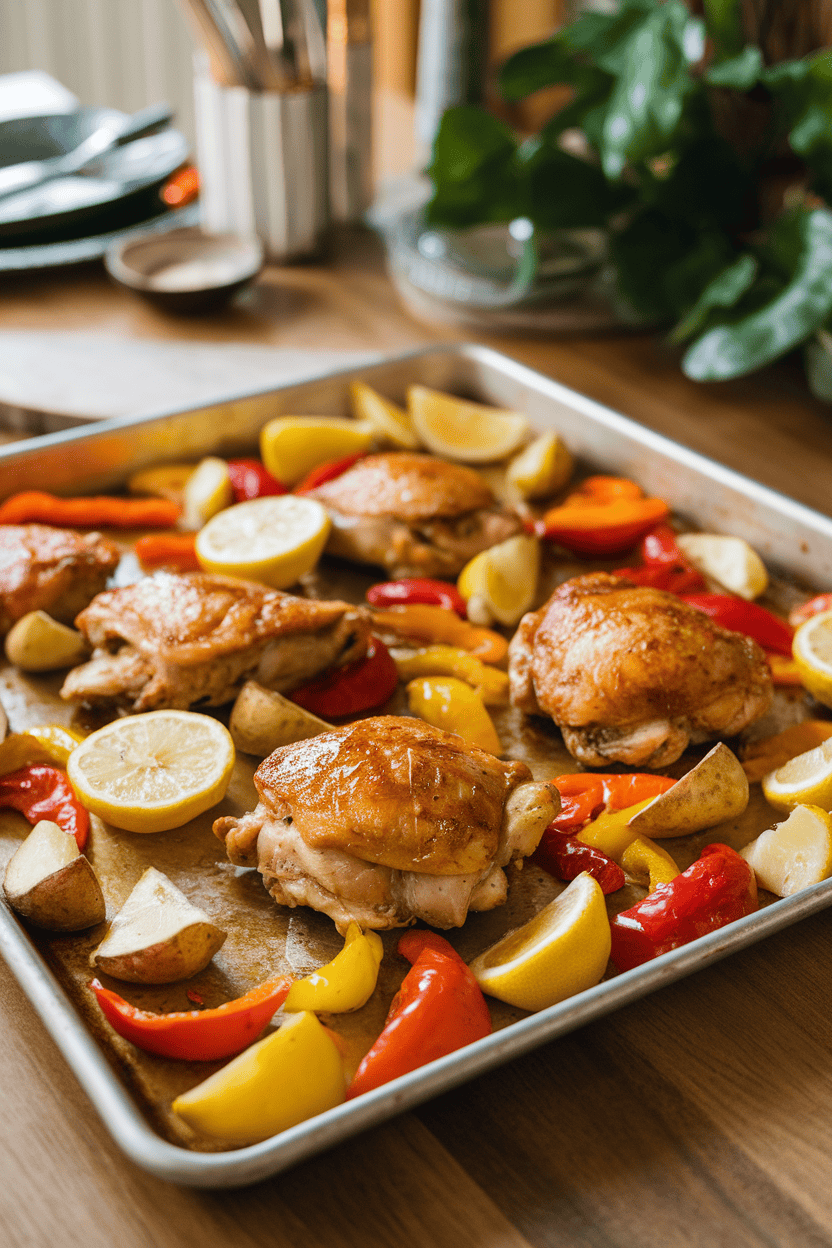 A rimmed sheet pan on an indoor dining table, roasted chicken thighs nestled among colorful bell peppers and potato wedges, glossy with olive oil and dotted with lemon slices. No text or logos in the scene.
