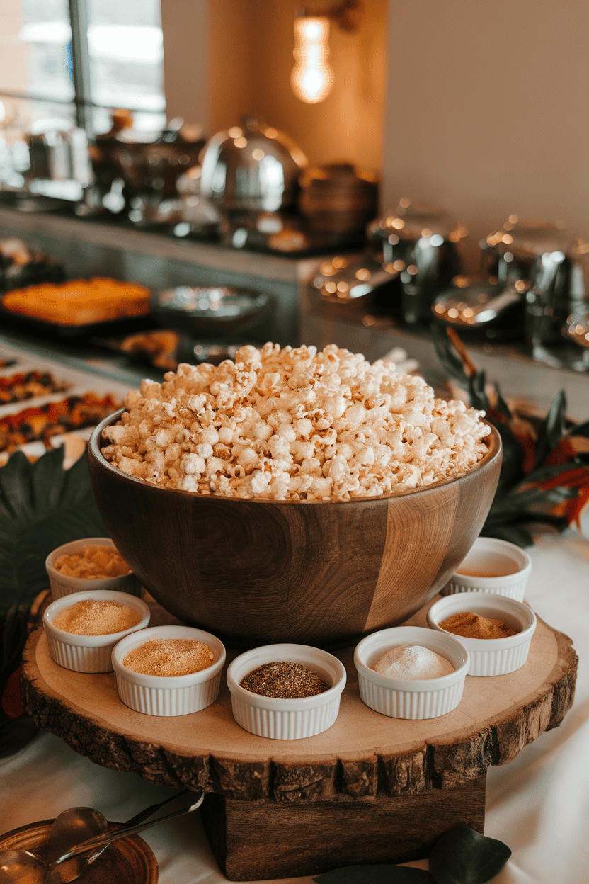 An indoor buffet scene featuring a large wooden bowl of plain popcorn flanked by small ramekins of different seasonings—parmesan, chili powder, and cinnamon sugar. Warm lighting; no text or logos in view. Photo only.