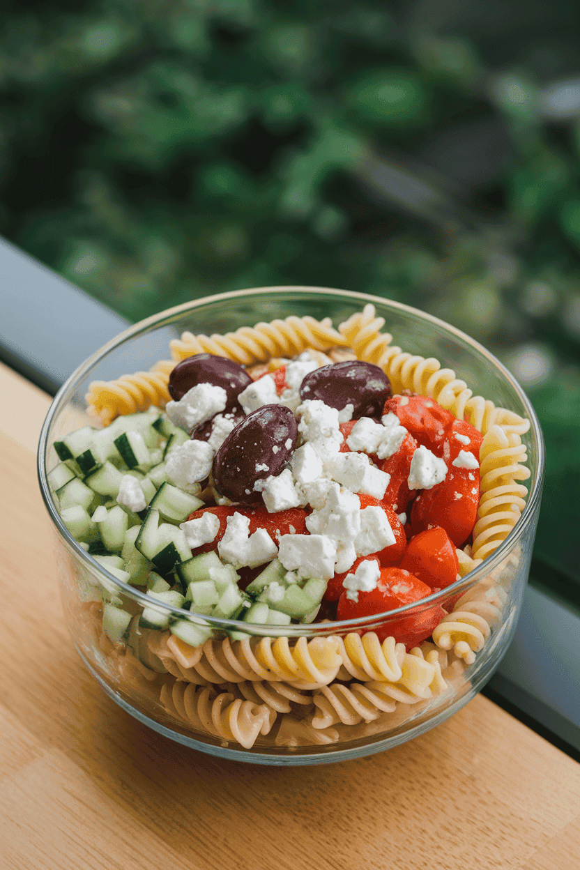 Indoor photo of a glass bowl filled with rotini, diced cucumber, Kalamata olives, cherry tomatoes, and feta, lightly coated in vinaigrette. Bright overhead lighting, no text or logos present.