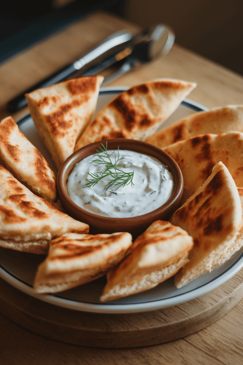 An indoor plate holding triangular pita wedges encircling a small bowl of creamy tzatziki sauce, garnished with a sprig of dill. Warm ambient lighting; photo only, no text or logos.