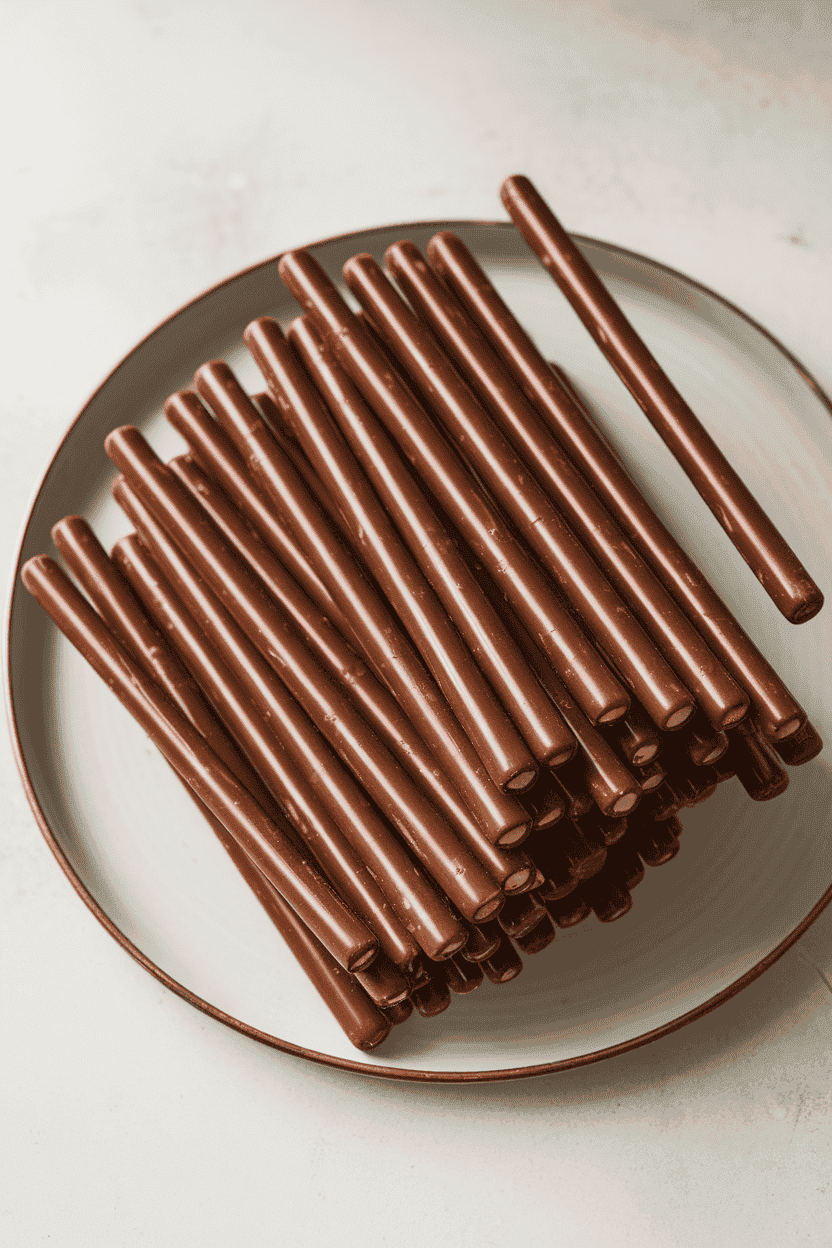 An indoor dessert plate with a neat pile of milk chocolate-coated pretzel rods, slight gloss visible, no text or logos present.