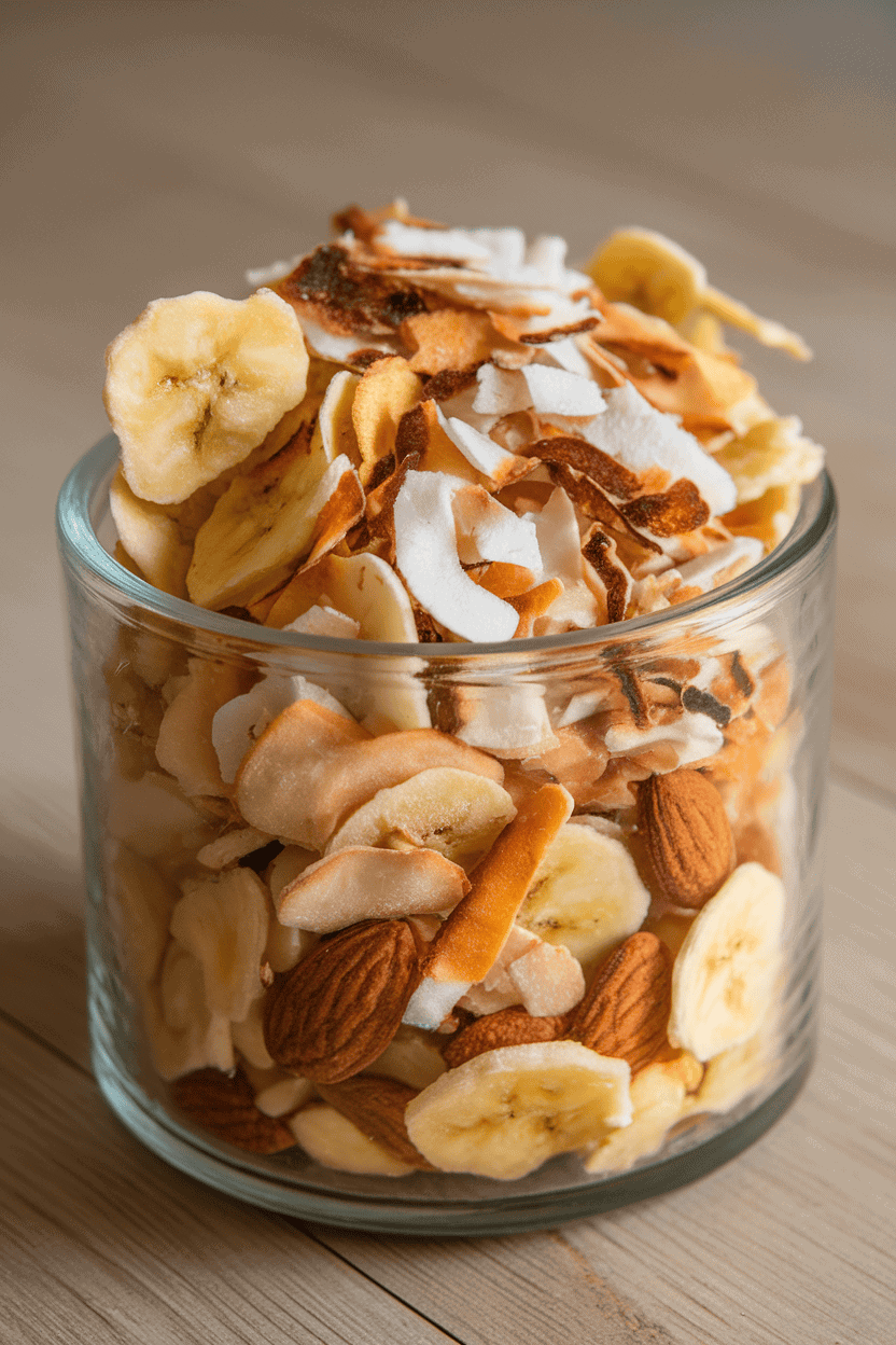 A clear indoor jar filled with a colorful blend of banana chips, toasted coconut flakes, and almonds. Overhead lighting; no text or logos; photo, not illustration.