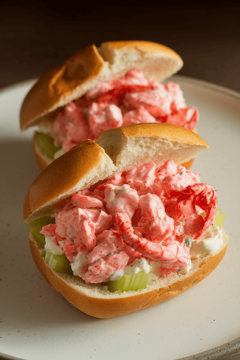 Photo prompt: Indoor close-up of two split-top buns filled with chilled lobster salad, set on a plain white plate; soft lighting, no logos or text.