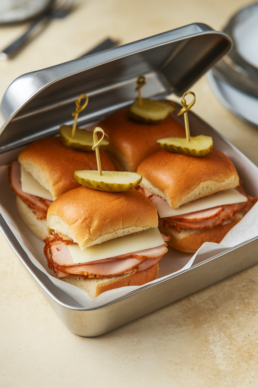Indoor dining table shot of three slider buns filled with smoked turkey and Swiss cheese, skewered with pickles, in a lidded lunch tray. No text or logos visible.