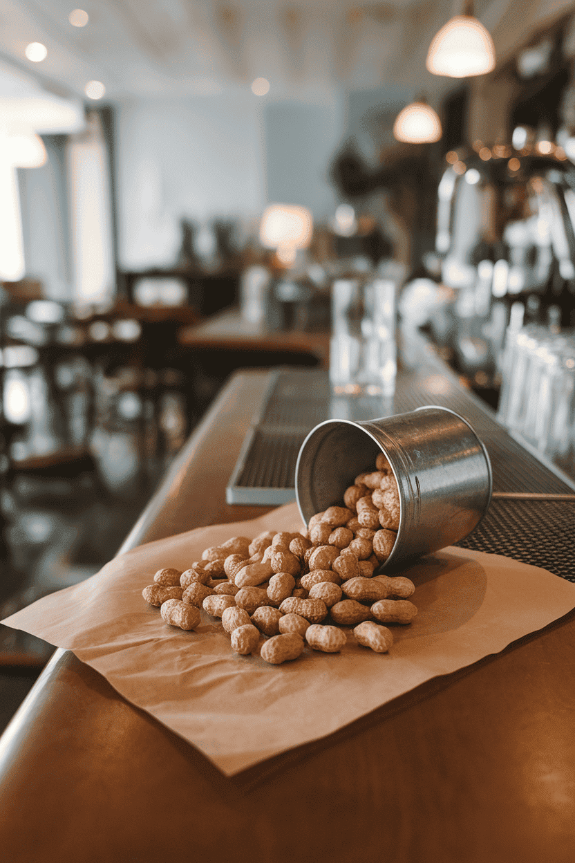 An indoor bar counter with a small metal bucket spilling roasted, salted peanuts in their shells onto a brown paper sheet. Photo, not illustration. No text or logos.