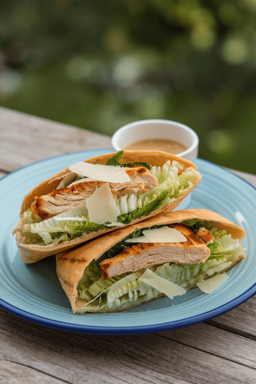 Photo prompt: Indoor plate with two halved pita pockets stuffed with chopped romaine, grilled chicken, and parmesan shavings; dressing in a small cup, no logos, no text.