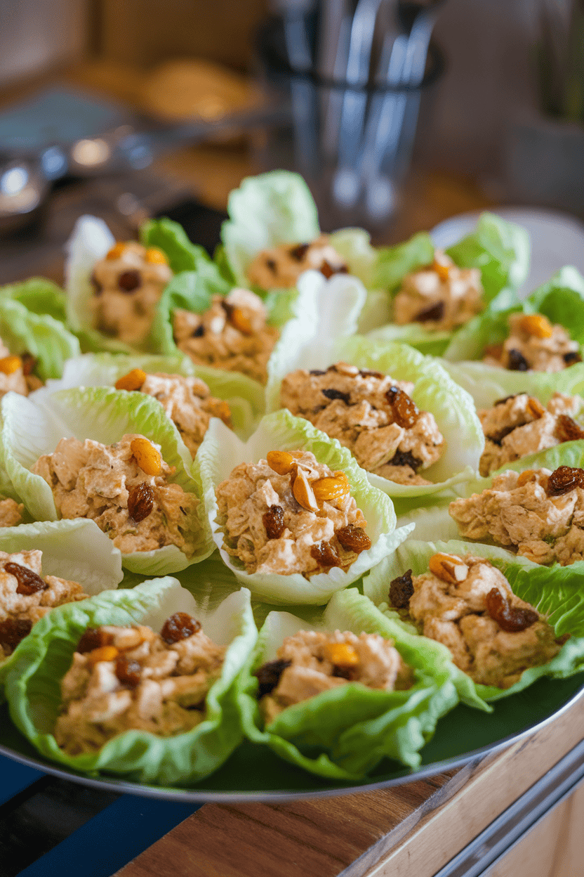 Indoor photo of butter lettuce leaves filled with curried chicken salad dotted with golden raisins and almonds, arranged on a platter. No logos or text.