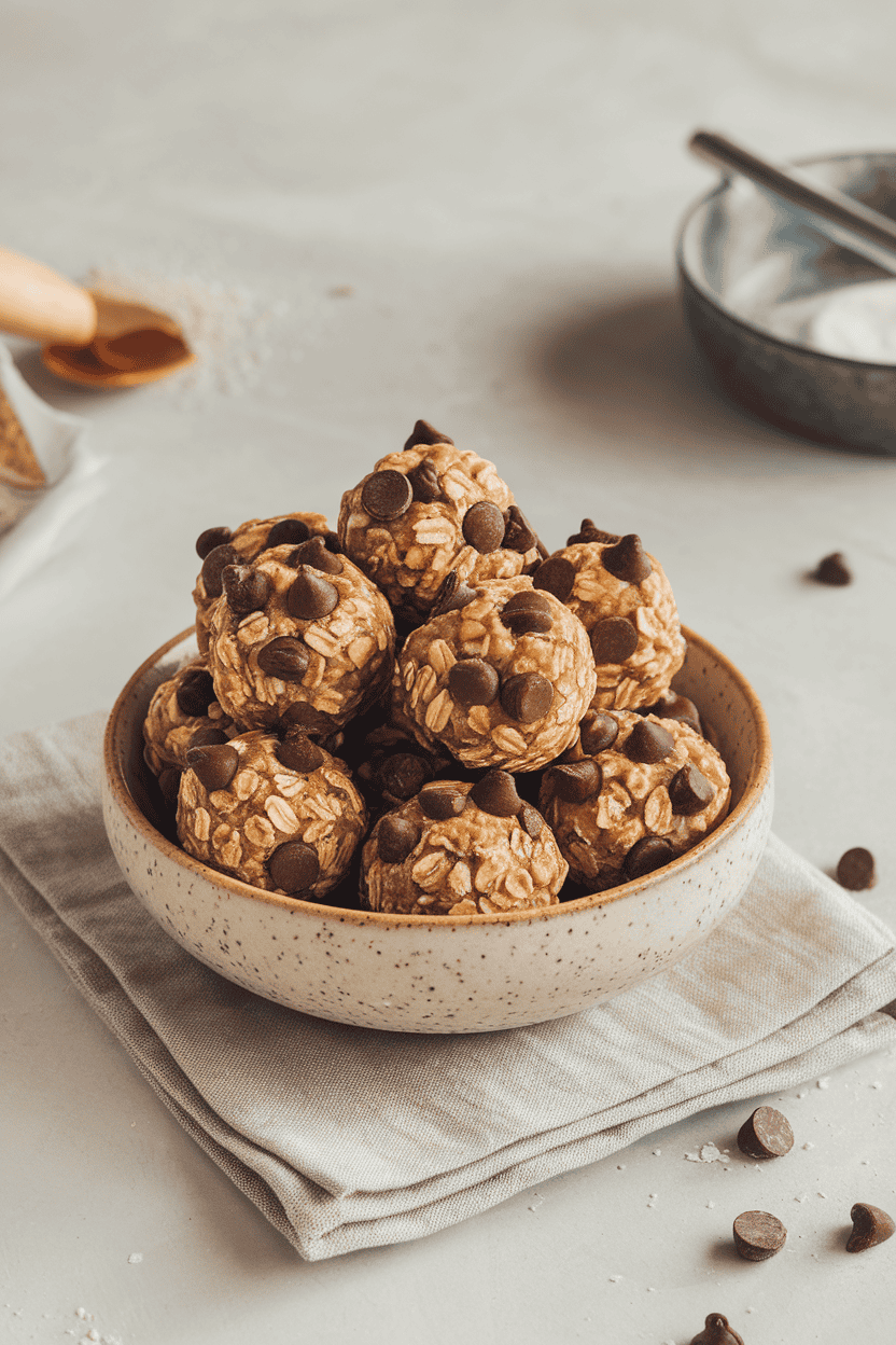 Photo prompt: Indoor bowl of round oat-based energy bites dotted with chocolate chips, set on a simple linen; no logos or text.