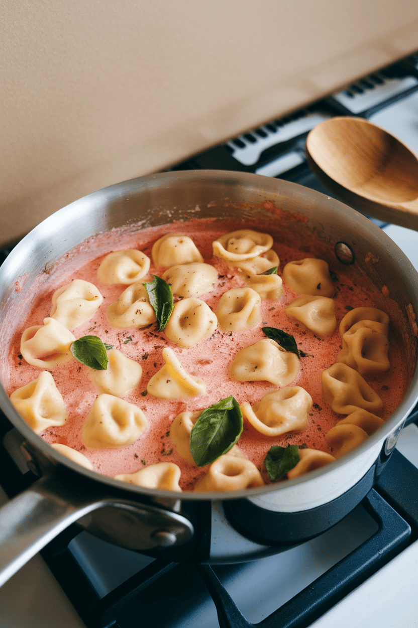 An indoor saucepan filled with cheese tortellini coated in pink tomato-cream sauce speckled with fresh basil, no branding visible.