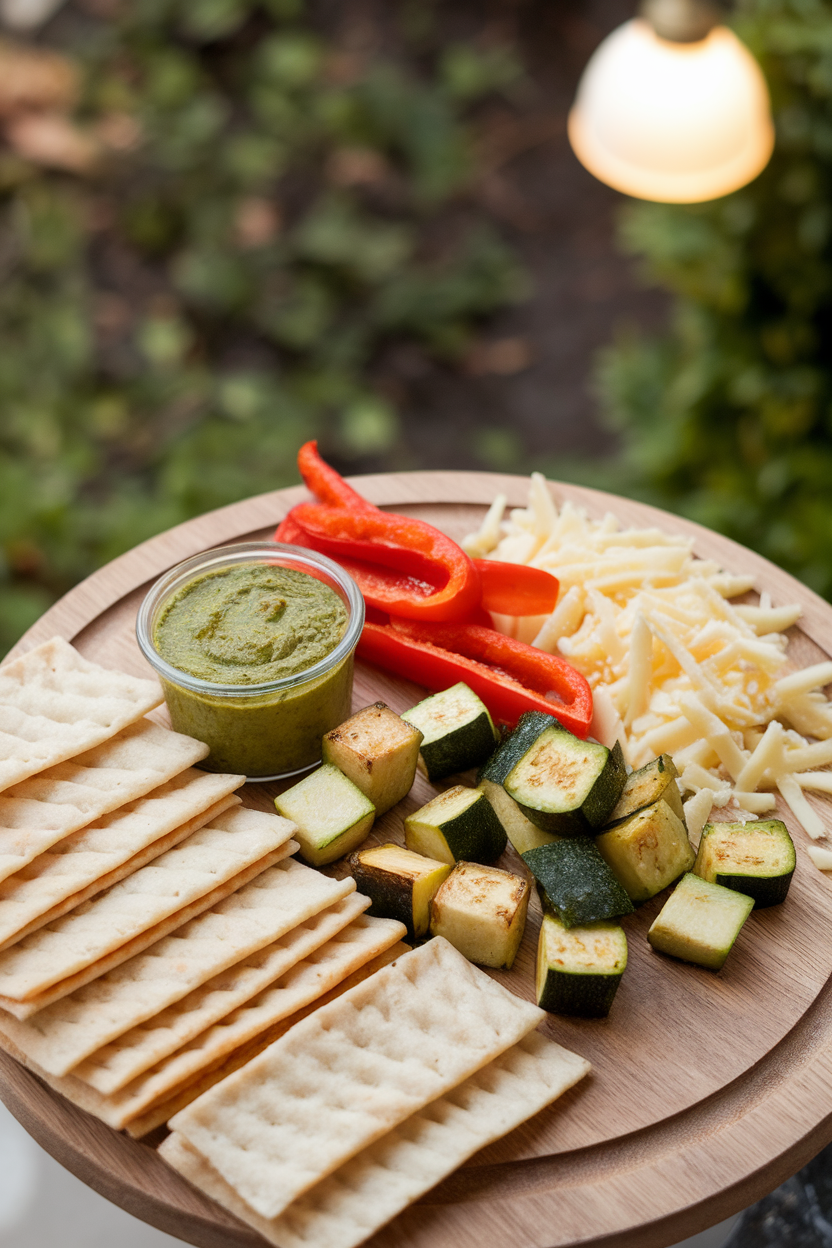 Indoor photo of rectangular flatbread strips, a small cup of bright green pesto, roasted zucchini cubes, roasted red pepper strips, and shredded mozzarella—no visible text or logos.