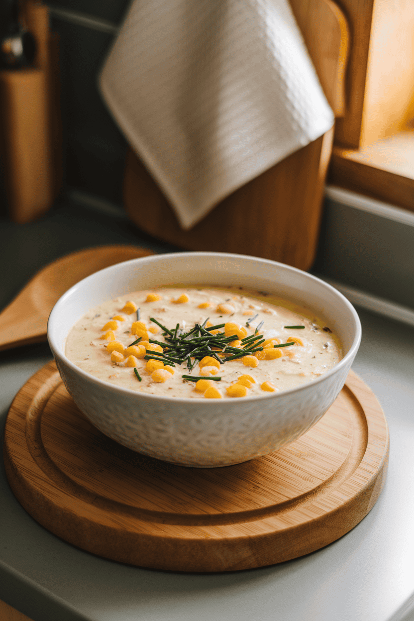 Photo, indoor soup bowl on kitchen counter, a creamy potato corn chowder topped with chopped chives; no text or logos present.