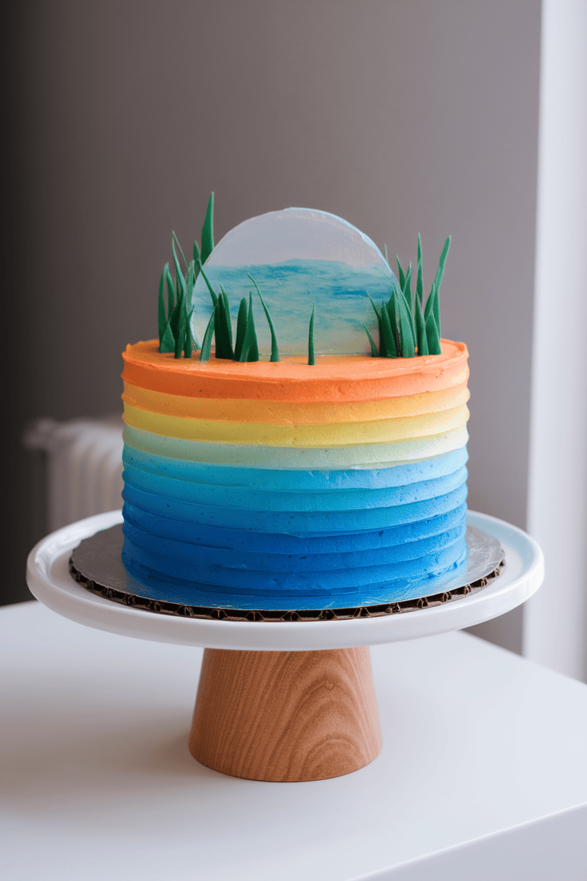 An indoor cake stand displaying an ombré buttercream cake transitioning from deep blue at the bottom to orange at the top, finished with a reflective gelatin “lake” disk. No text or logos; photo only.