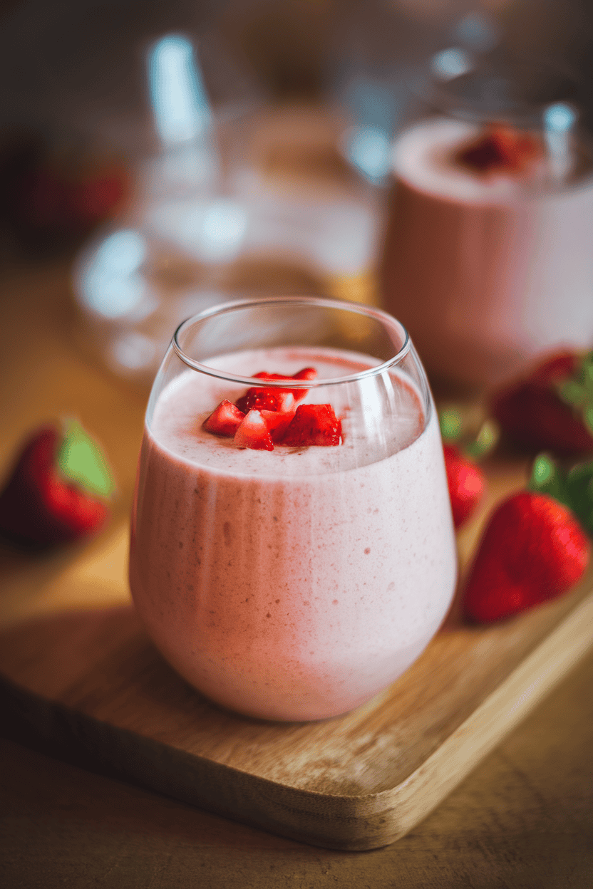 Indoor setting with a pale pink strawberry smoothie in a stemless wine glass, tiny diced strawberries sprinkled on top; warm evening light; photograph, not illustration; no text or logos.
