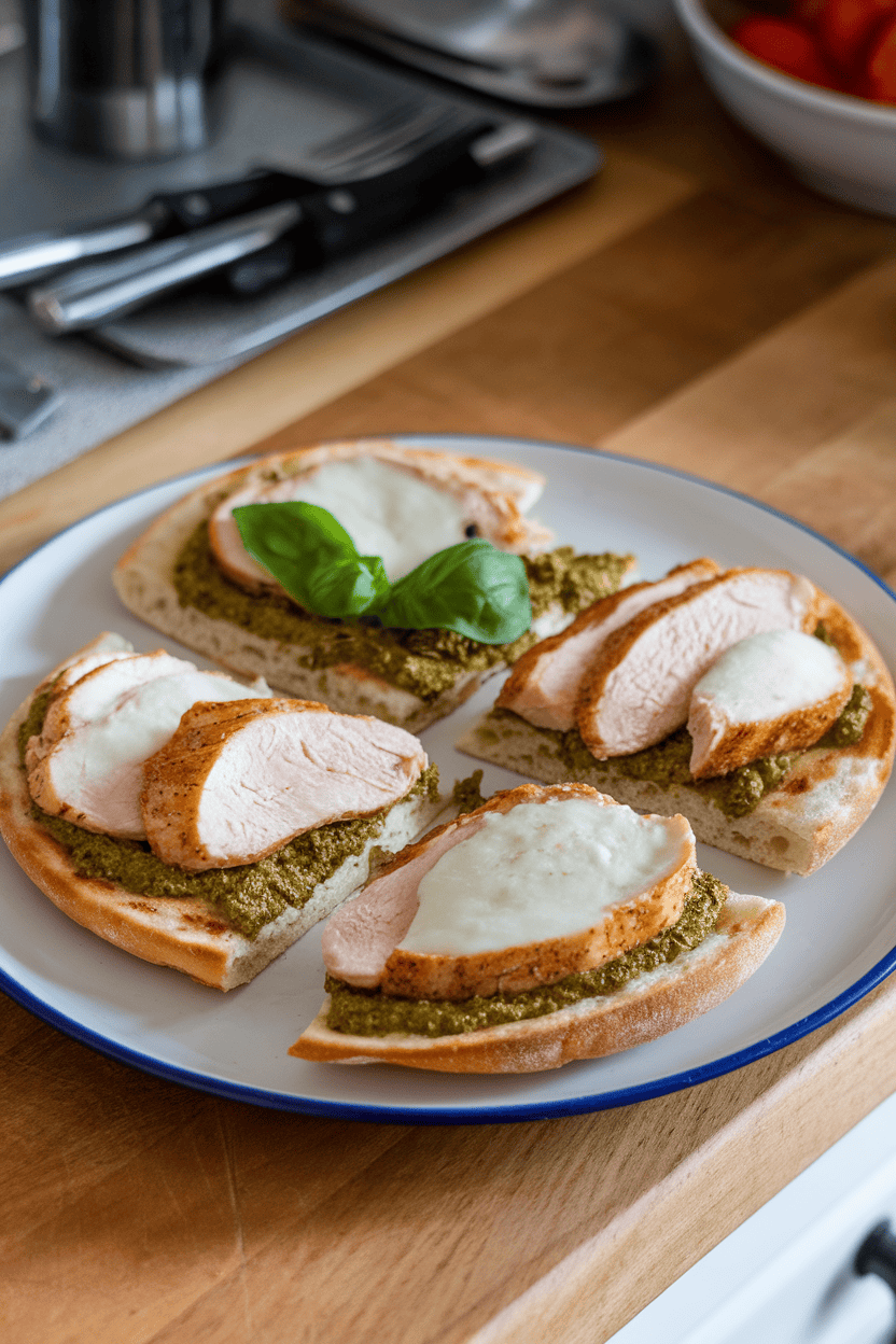 An indoor countertop view of toasted flatbreads topped with pesto, sliced chicken, and melted mozzarella, no branding in sight.