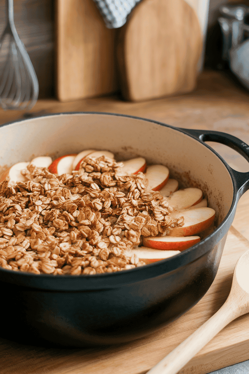 An indoor Dutch oven holding bubbling apple slices under a browned oat topping, a serving spoon ready—photo, no text or logos.
