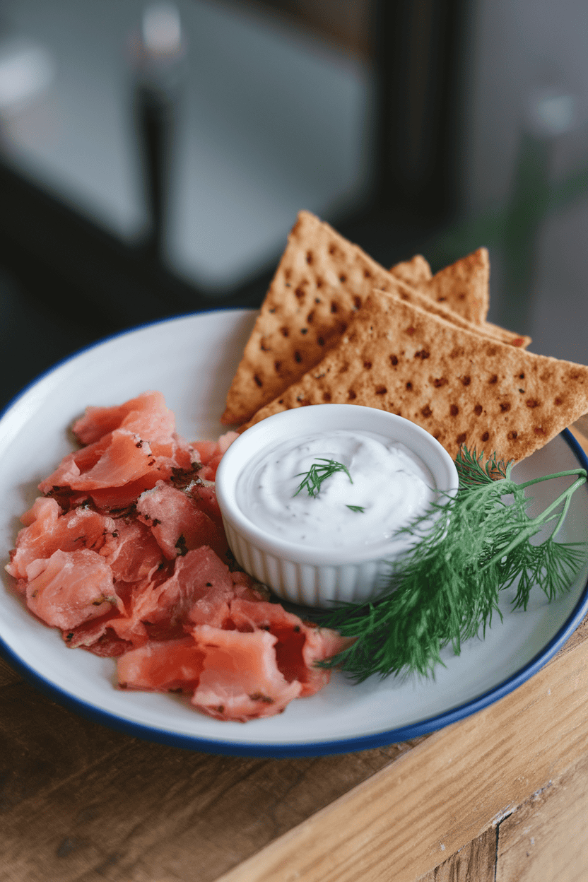 An indoor appetizer plate with flakes of smoked trout, a small bowl of horseradish Greek yogurt sauce, and rye crisps; none showing text or logos; photo only.