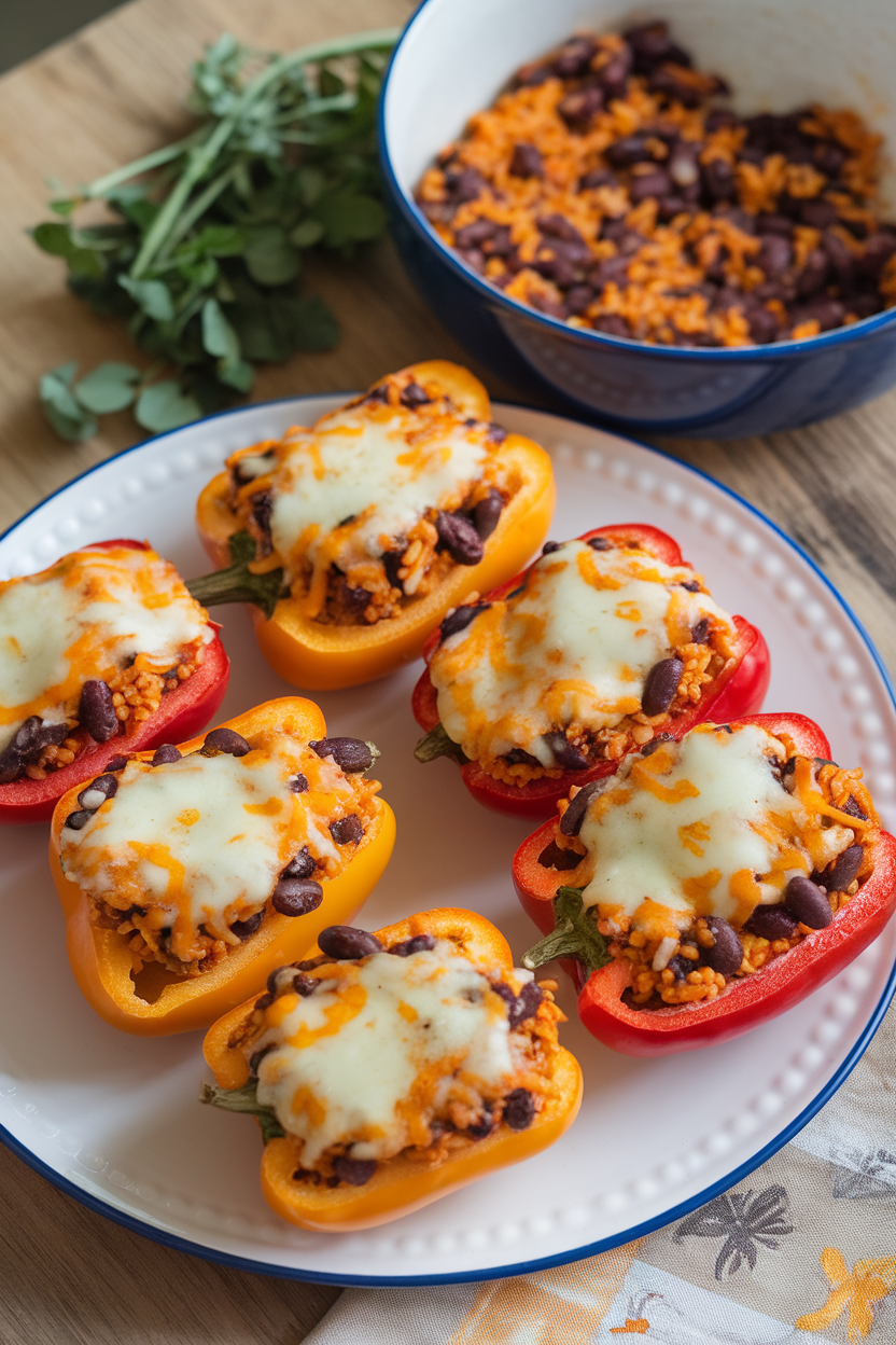 Indoor photo of halved bell peppers stuffed with rice and black bean mixture, cheese melted lightly on top. No text or logos present.