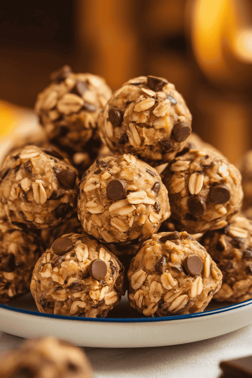 An indoor plate stacked with round oat energy balls studded with chocolate chips and flax seeds, photographed under warm lighting. No visible brand labels.