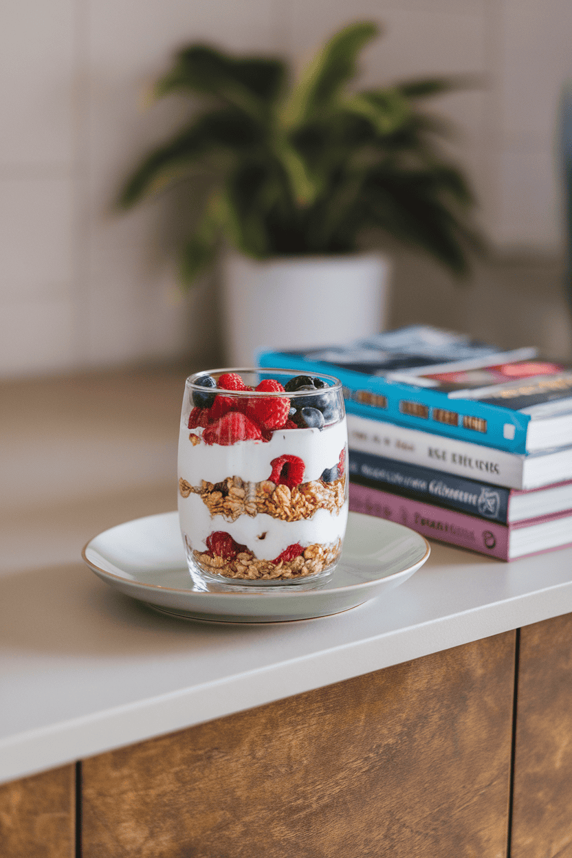 Photo of a clear glass filled with layers of Greek yogurt, granola, and mixed berries on an indoor countertop beside textbooks; no logos or text included.