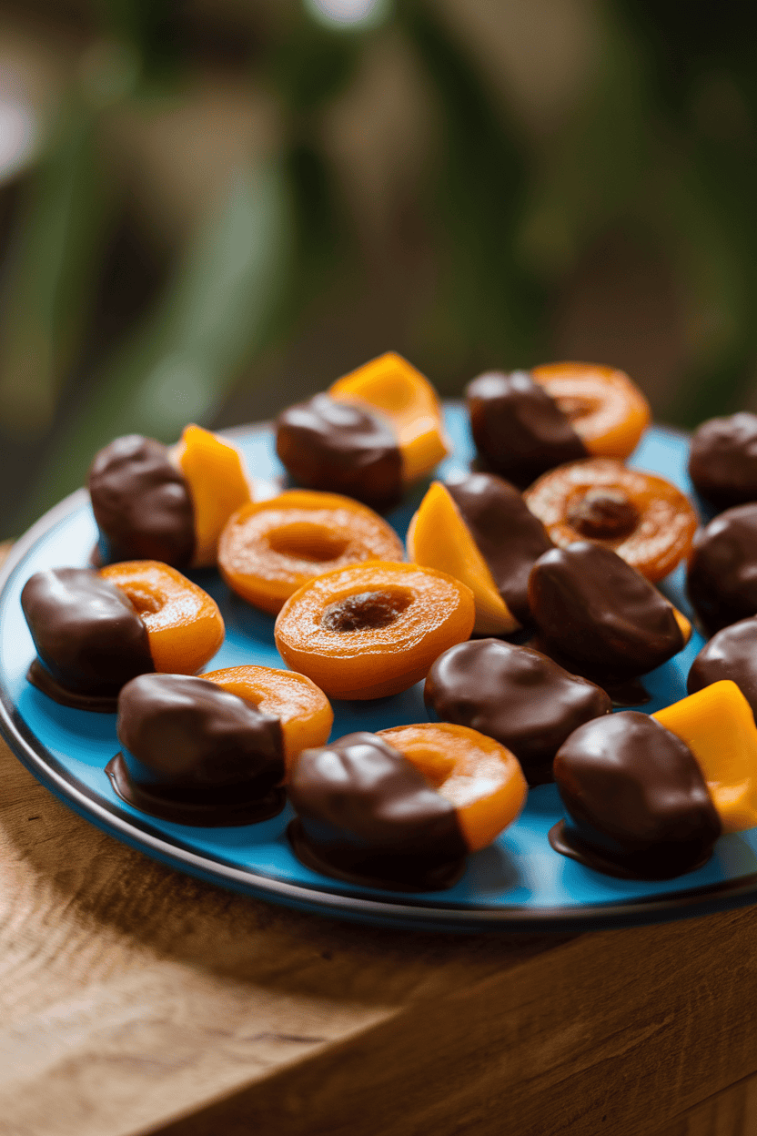 An indoor plate of assorted dried apricots and mango slices half-dipped in dark chocolate, chocolate set and glossy. Soft side lighting; no text or logos; photo, not illustration.