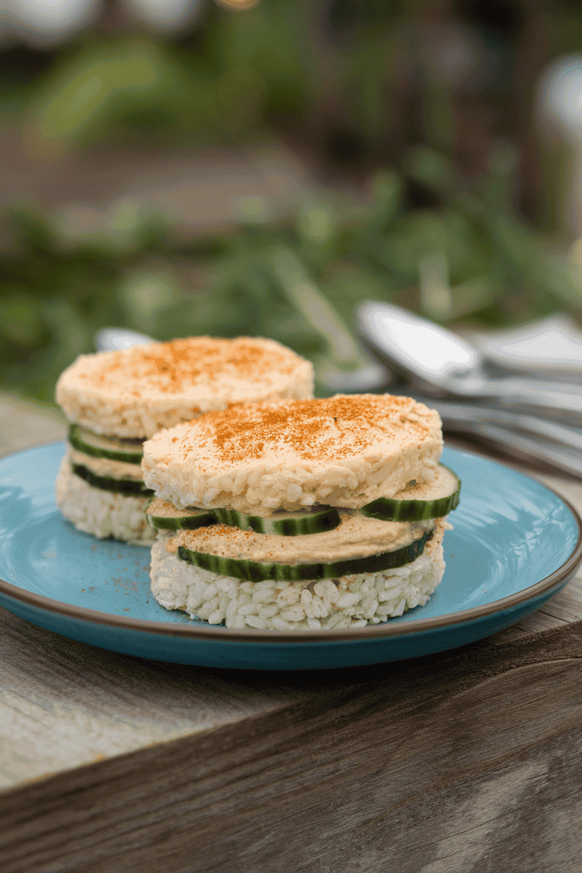 An indoor plate featuring two rice cakes layered with hummus, sliced cucumber, and everything-bagel seasoning. No visible branding or text.