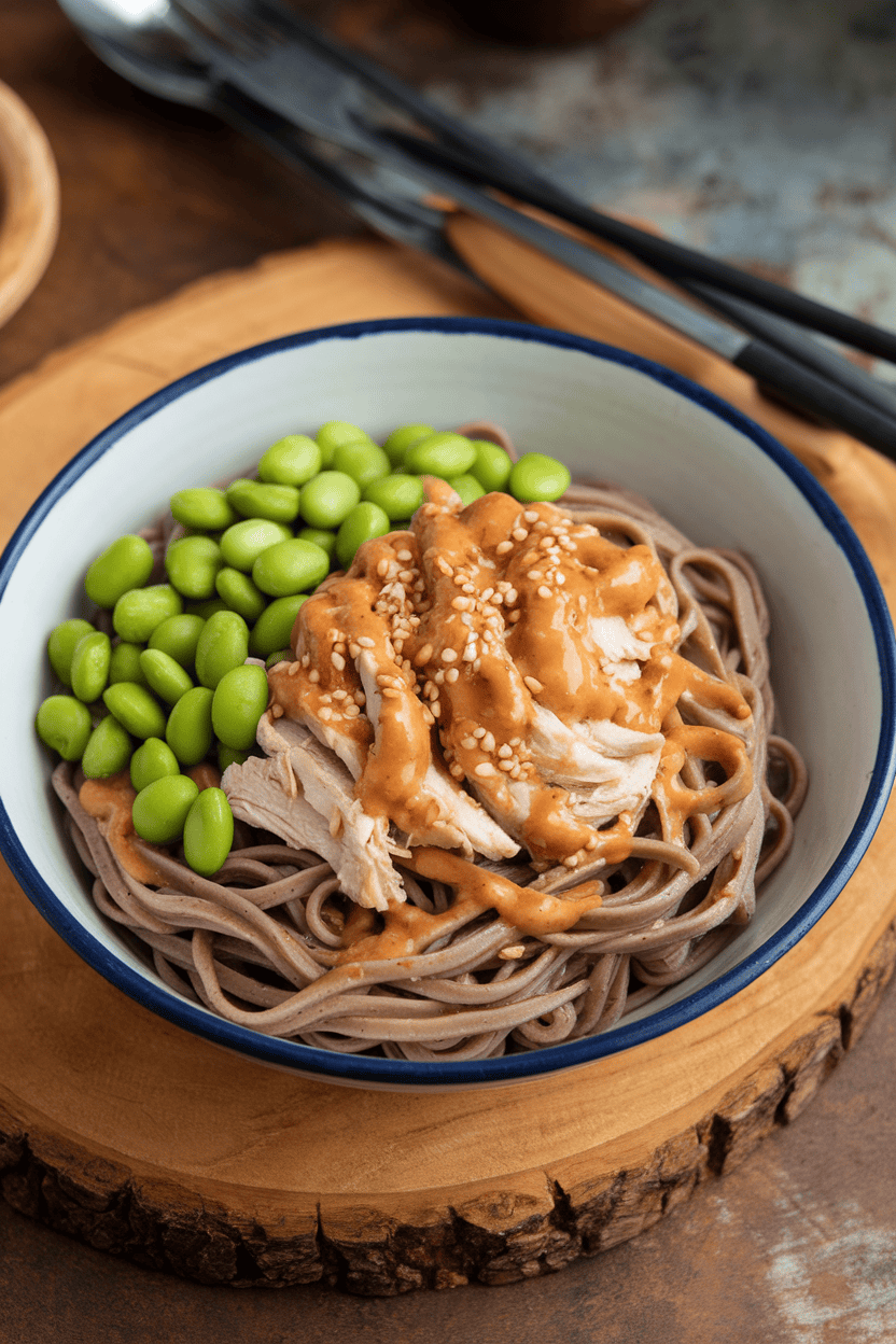An indoor noodle bowl containing chilled buckwheat soba tossed in sesame-peanut sauce, topped with shredded chicken breast and bright green edamame; no text or logos; photo only.