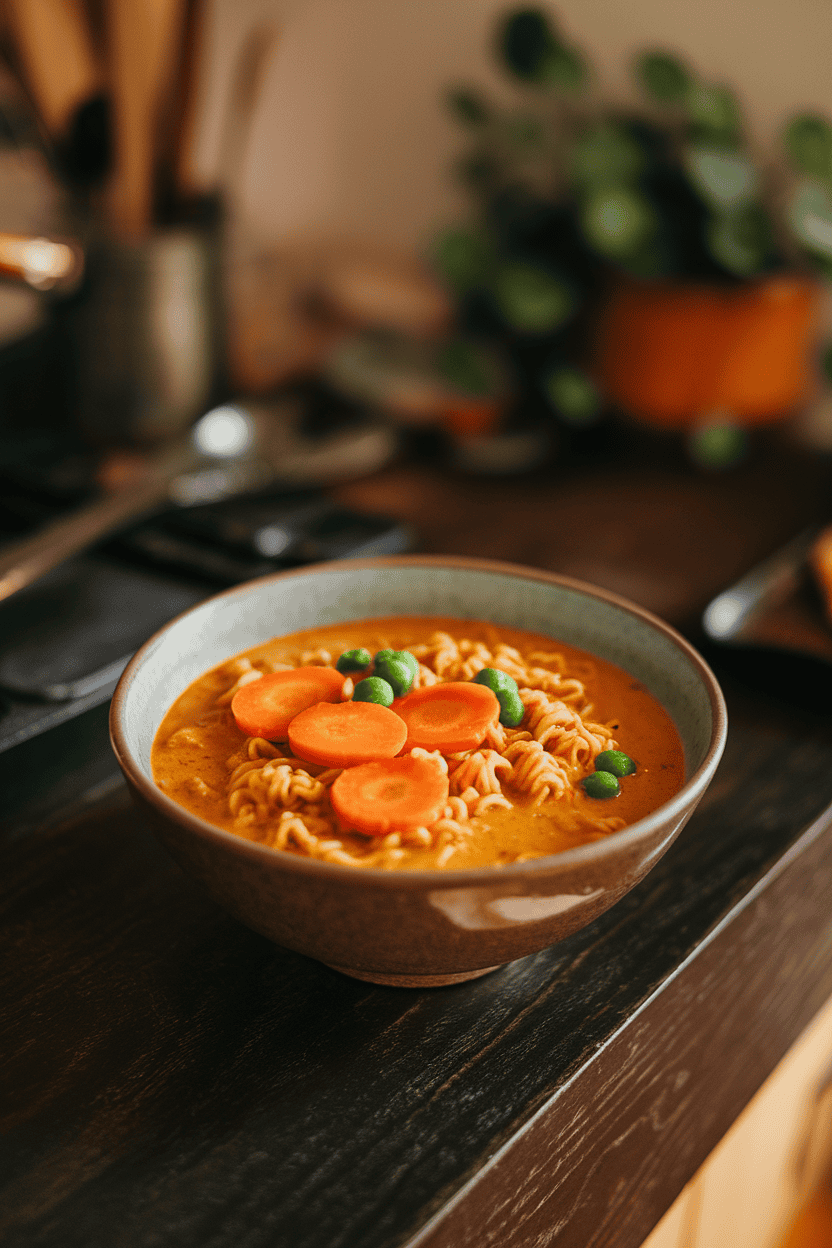 Photo, indoor countertop, a bowl of ramen noodles in golden curry broth with carrot rounds and peas floating on top; no text or logos.