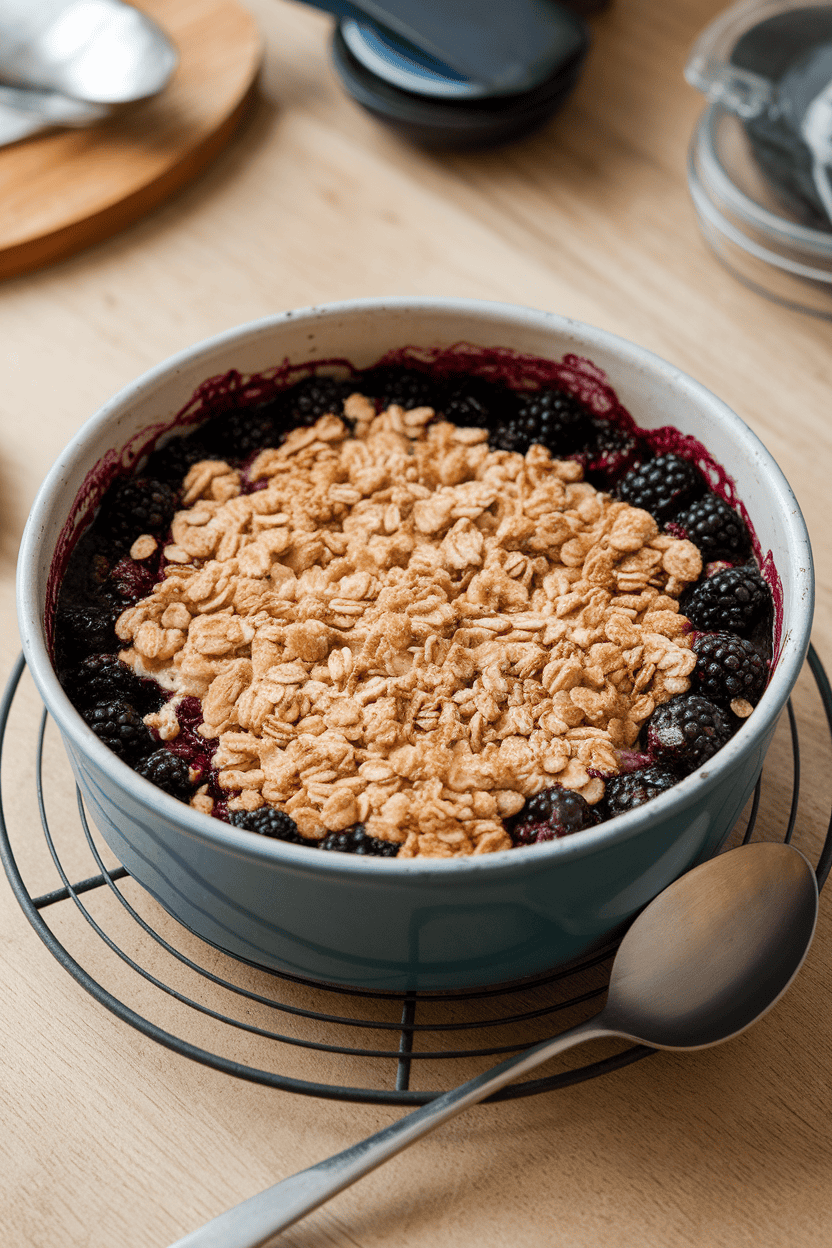 Indoor photo of a round baking dish with bubbling blackberry filling under a golden oat crumble, spoon resting on a trivet; no text or logos