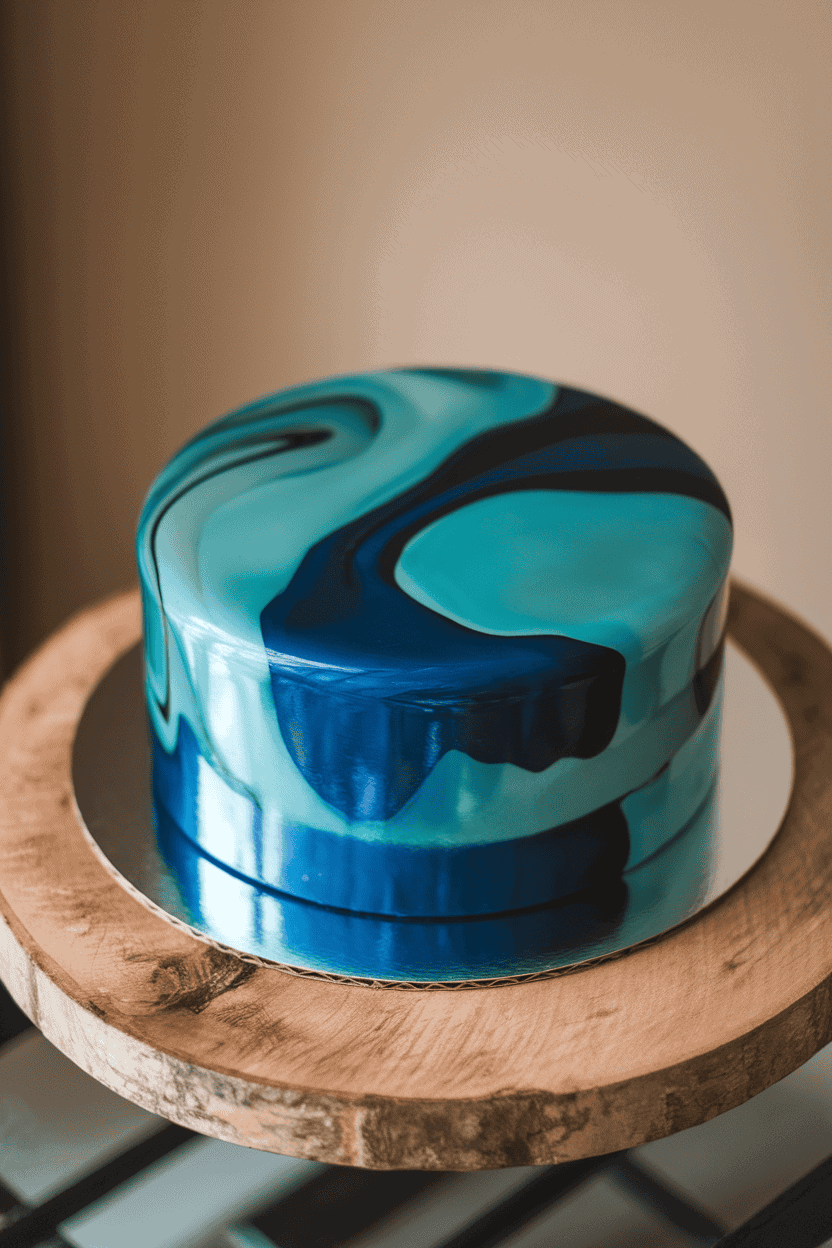 Indoor photo of a glossy mirror-glaze cake swirling aqua, teal, and cobalt colors, reflecting light like calm lagoon water; no text or logos.