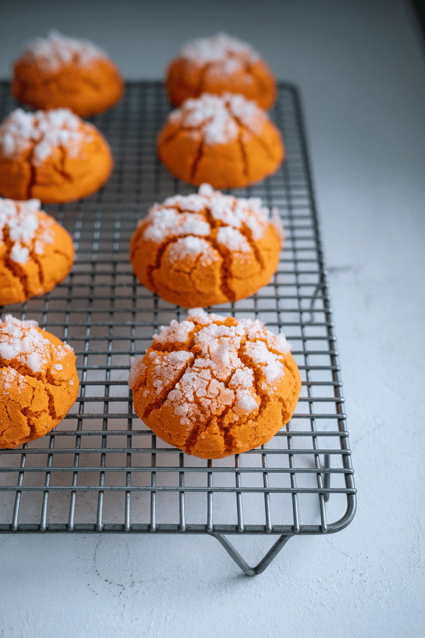 Indoor photo of bright orange cookies topped with coarse sugar crystals on a metal cooling rack, diffused kitchen lighting, no text or logos