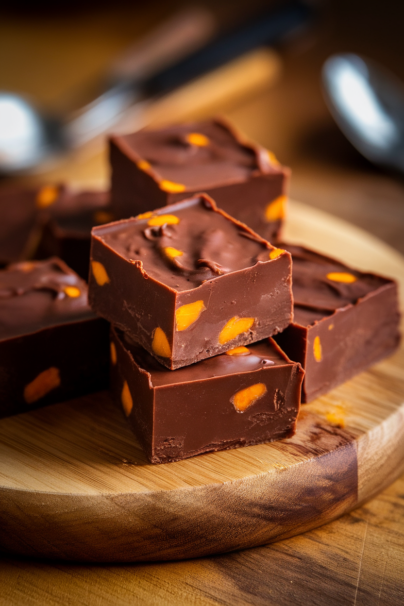 Indoor photo of thick squares of chocolate fudge on a wooden board, orange flecks of sweet potato visible; diffused light; no text or logos. Photo, not illustration.