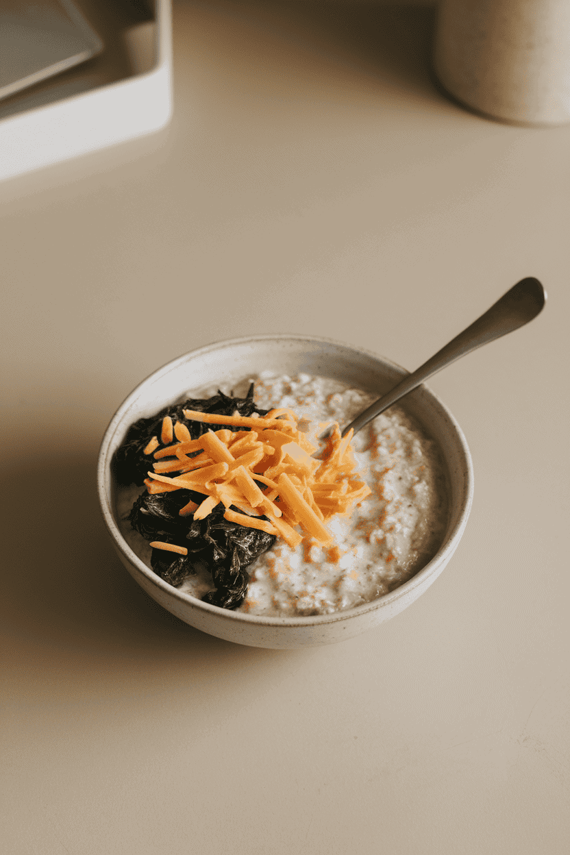 A minimalist indoor bowl of creamy oatmeal folded with wilted spinach and shredded cheddar, spoon resting inside; no text or logos, neutral background. Photo, not illustration.