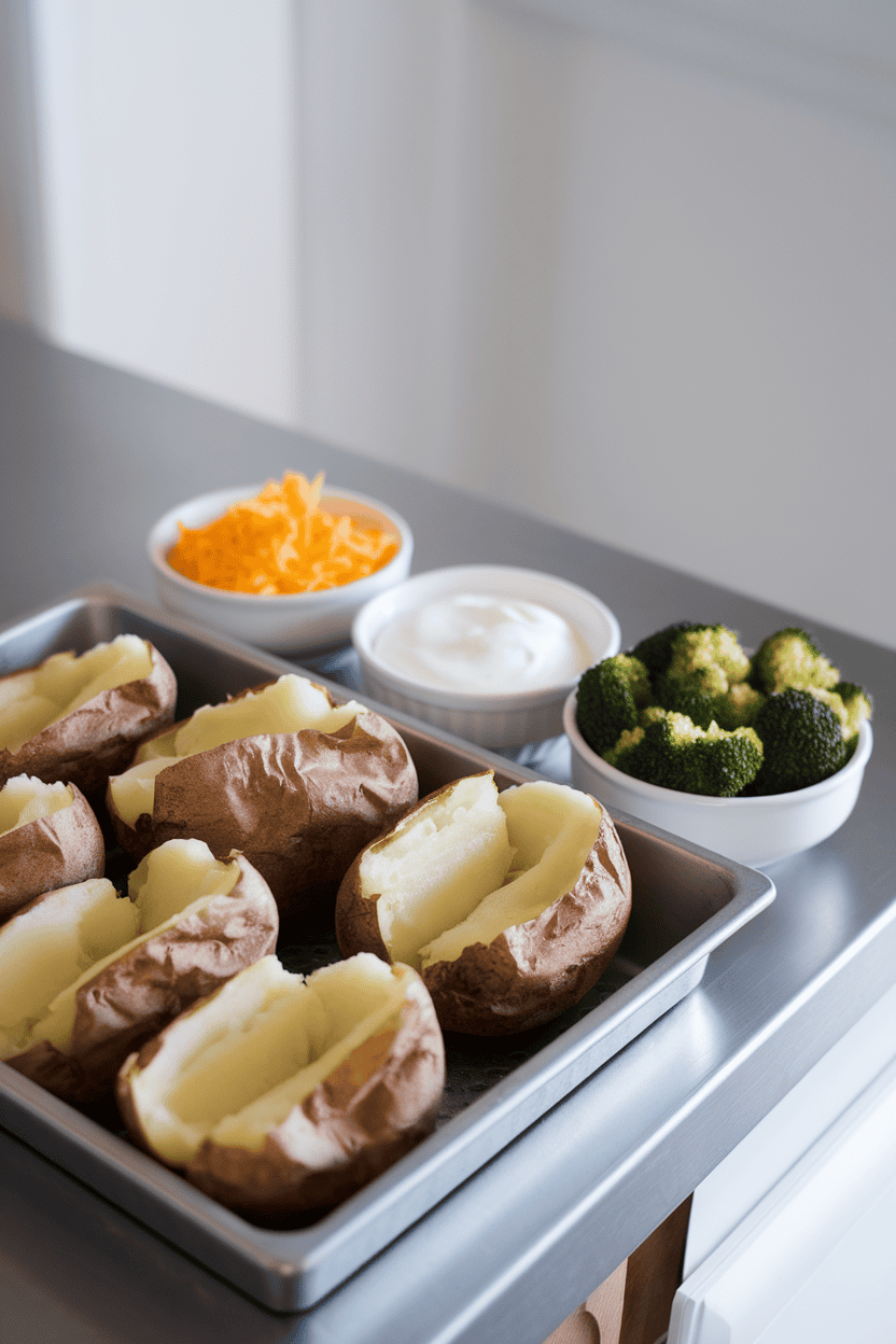 Photo of halved baked potatoes on an indoor counter surrounded by small bowls of shredded cheese, steamed broccoli, and sour cream, no text or logos