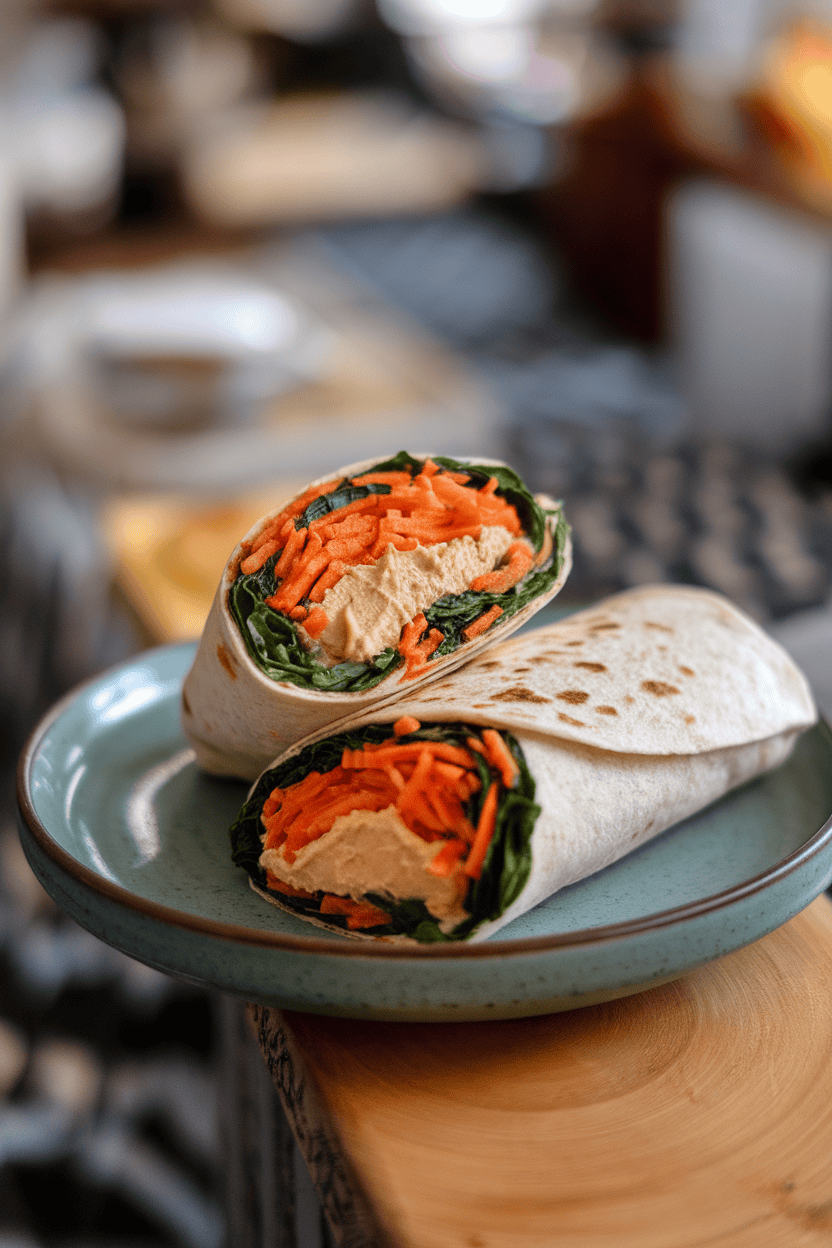 Photo of a sliced wrap filled with hummus, shredded carrots, and spinach, displayed on an indoor plate; no text or logos.