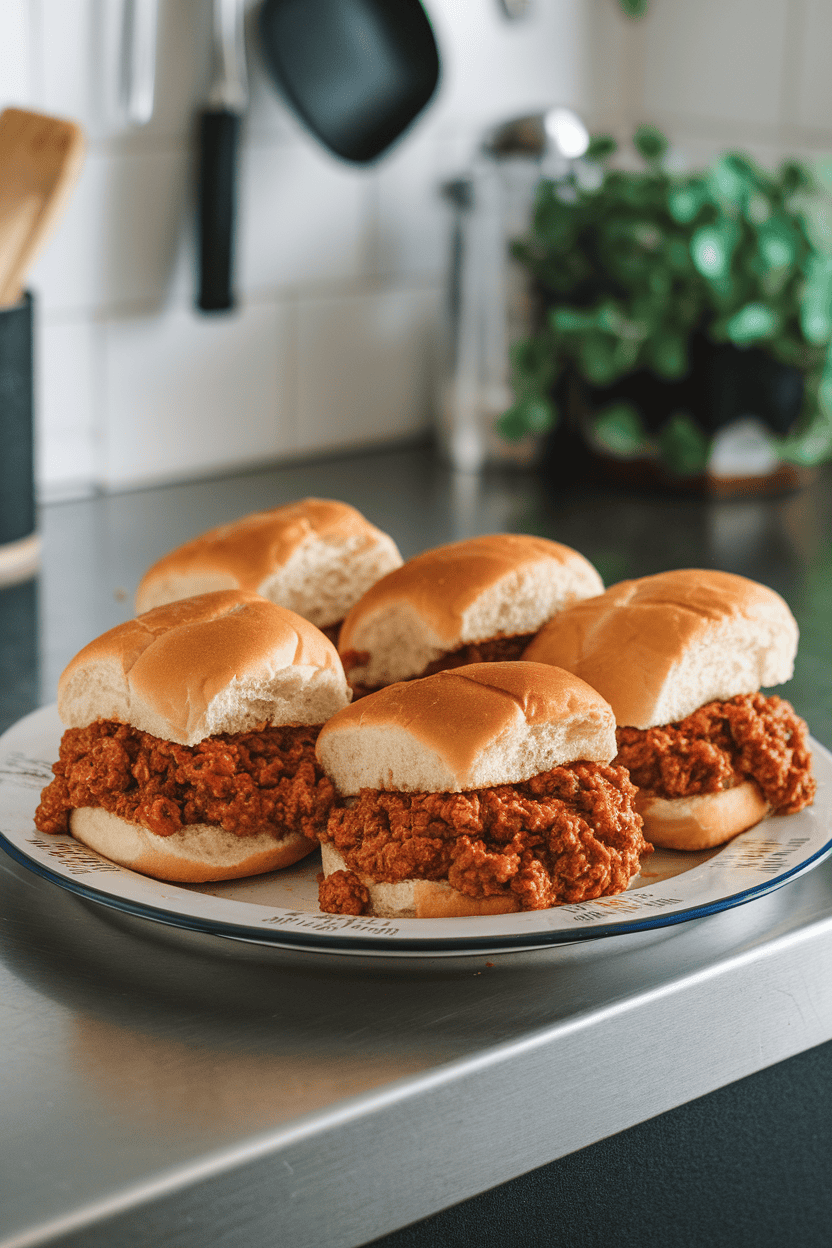 Indoor kitchen island with a platter of sloppy Joe sandwiches on soft buns, meat sauce slightly spilling over, no logos or text on dishware.