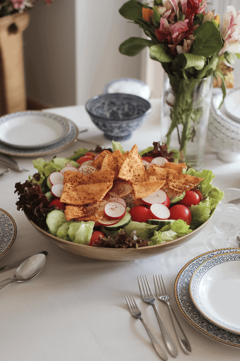 An indoor dining table displaying a wide salad bowl filled with lettuce, tomatoes, radishes, cucumbers, toasted pita chips, and sprinkled sumac. No text or logos on dishware.