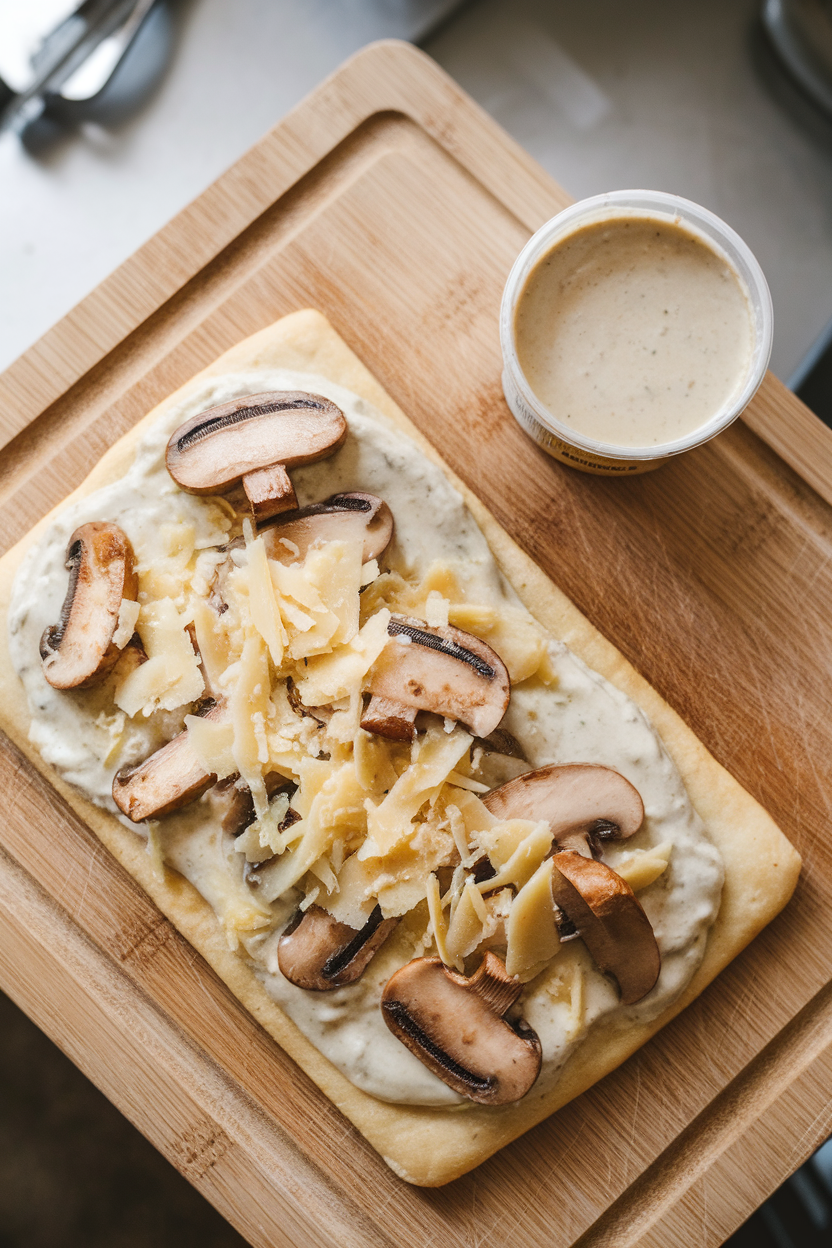 Indoor overhead photo of rectangular flatbread, small container of light Alfredo sauce, sautéed mushroom slices, and shredded Italian cheese blend—no logos or text.
