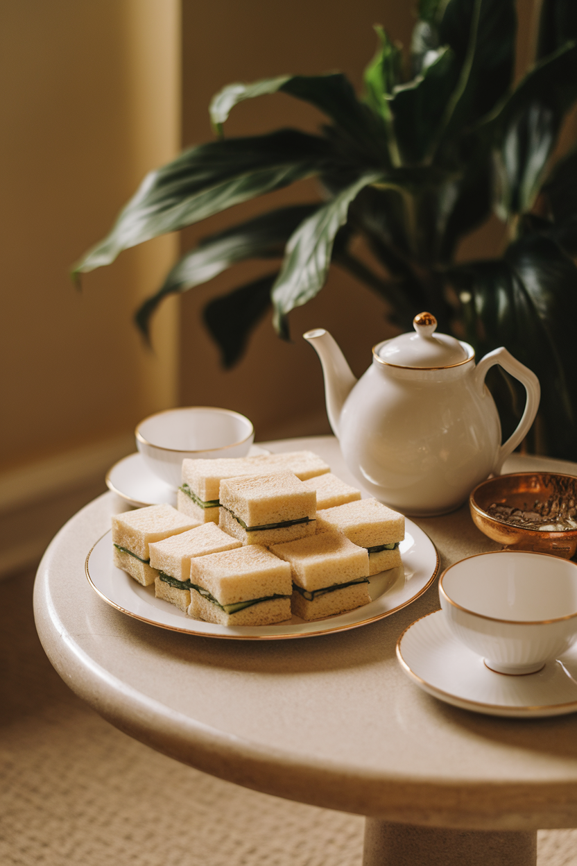 A cozy indoor tea-time setup with small crustless cucumber and cream cheese sandwich squares neatly stacked on a plate. No branding or text.