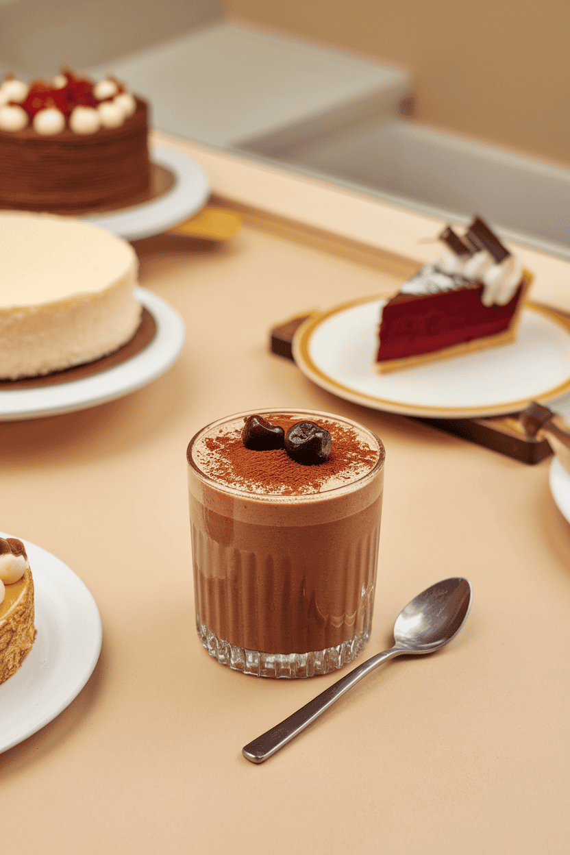 An indoor dessert counter with a deep red-brown smoothie in a glass, cocoa powder dust and a few dark cherries scattered. Photo, no text or logos.