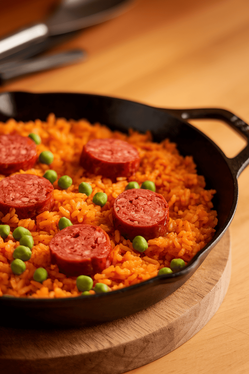 Photo of orange-hued rice with slices of cooked chorizo sausage and green peas in a cast-iron skillet indoors. No branding or text appears.