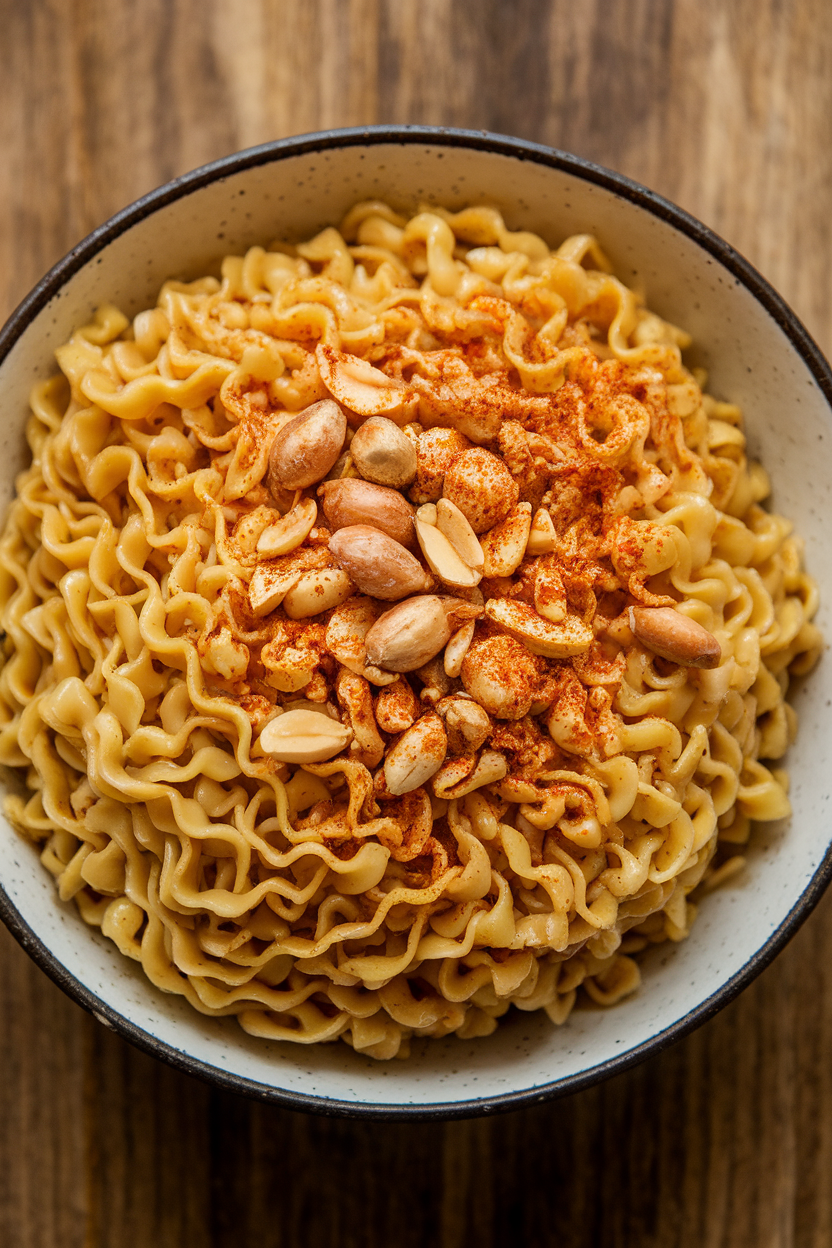 An indoor bowl featuring broken dry ramen pieces tossed with peanuts and spicy seasoning, no text or logos, photograph only.