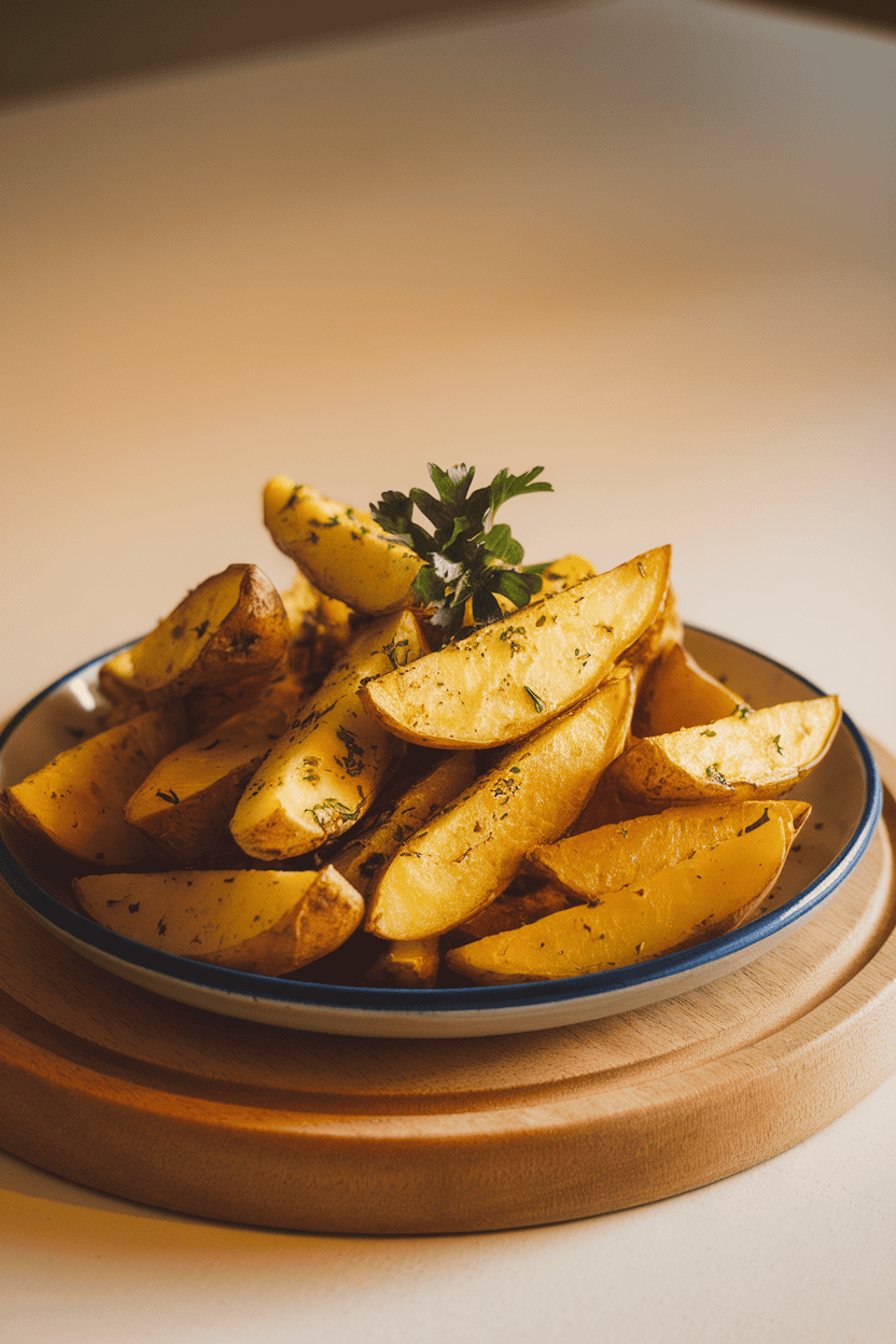 Indoor plate piled with golden herb-roasted potato wedges, light sprinkle of parsley on top. Warm light, no text or logos.