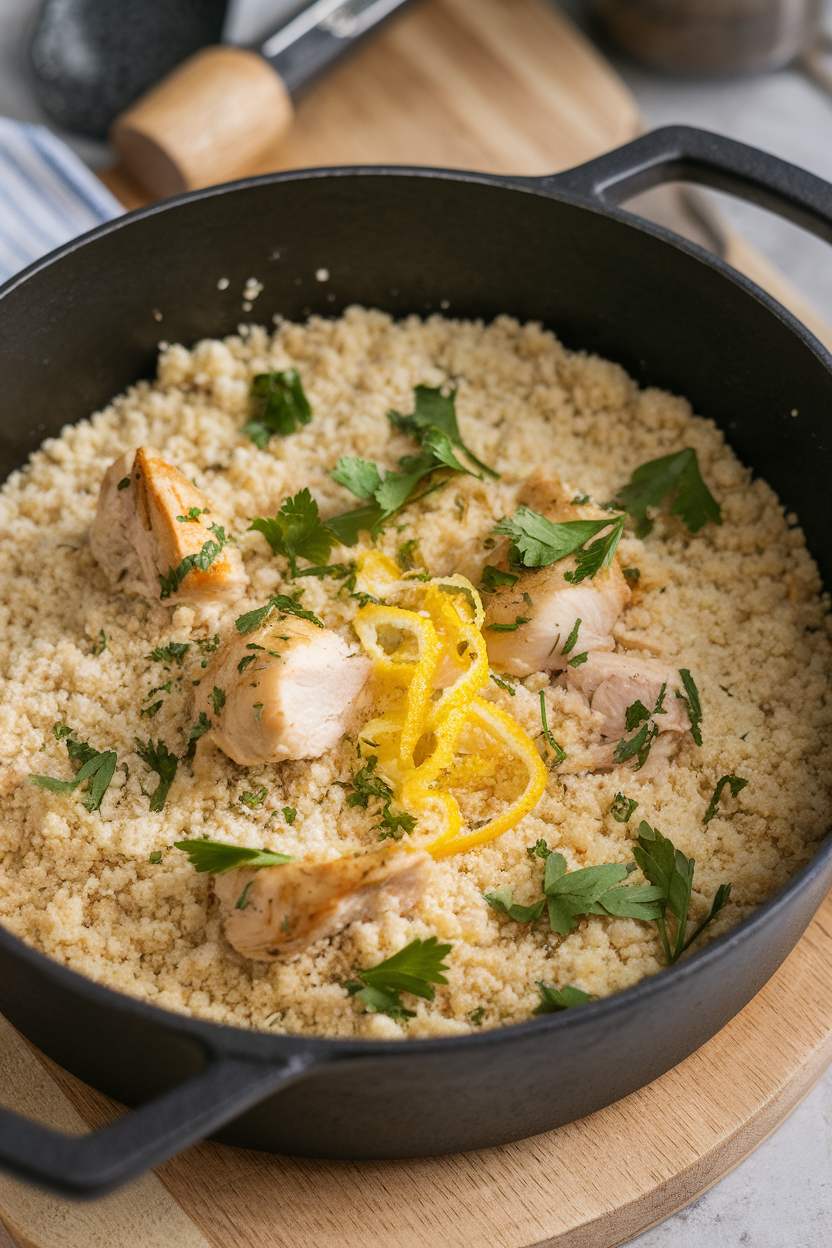 Indoor photo of fluffy couscous dotted with chicken pieces, parsley, and lemon zest in a cast-iron pot. No visible text or logos.