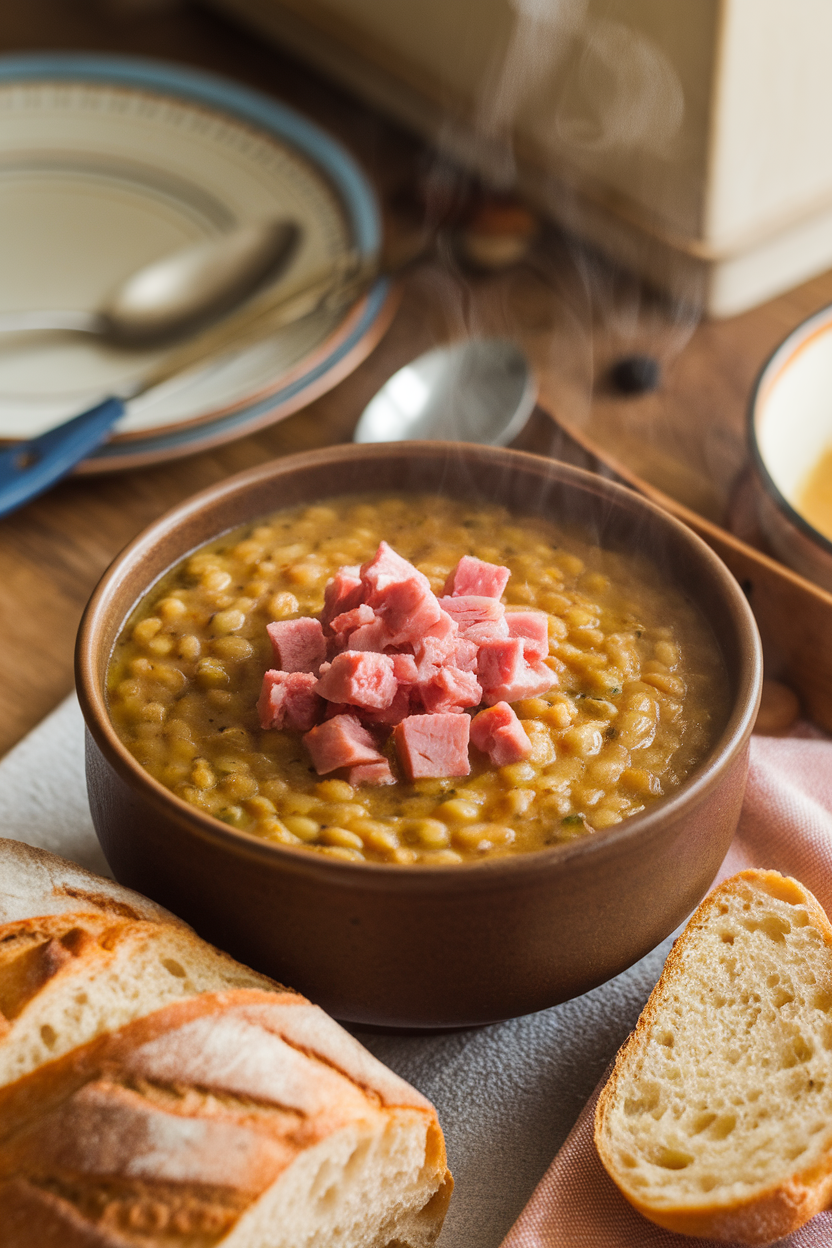 A cozy indoor scene with a bowl of thick split pea soup topped with diced ham, steam visible, and a hunk of bread nearby. No text or logos present.